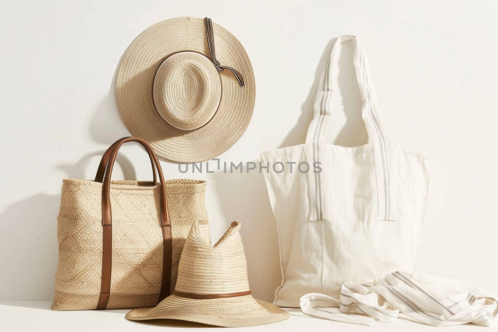 Close-up of a summer beach bag and hat on a sandy beach.