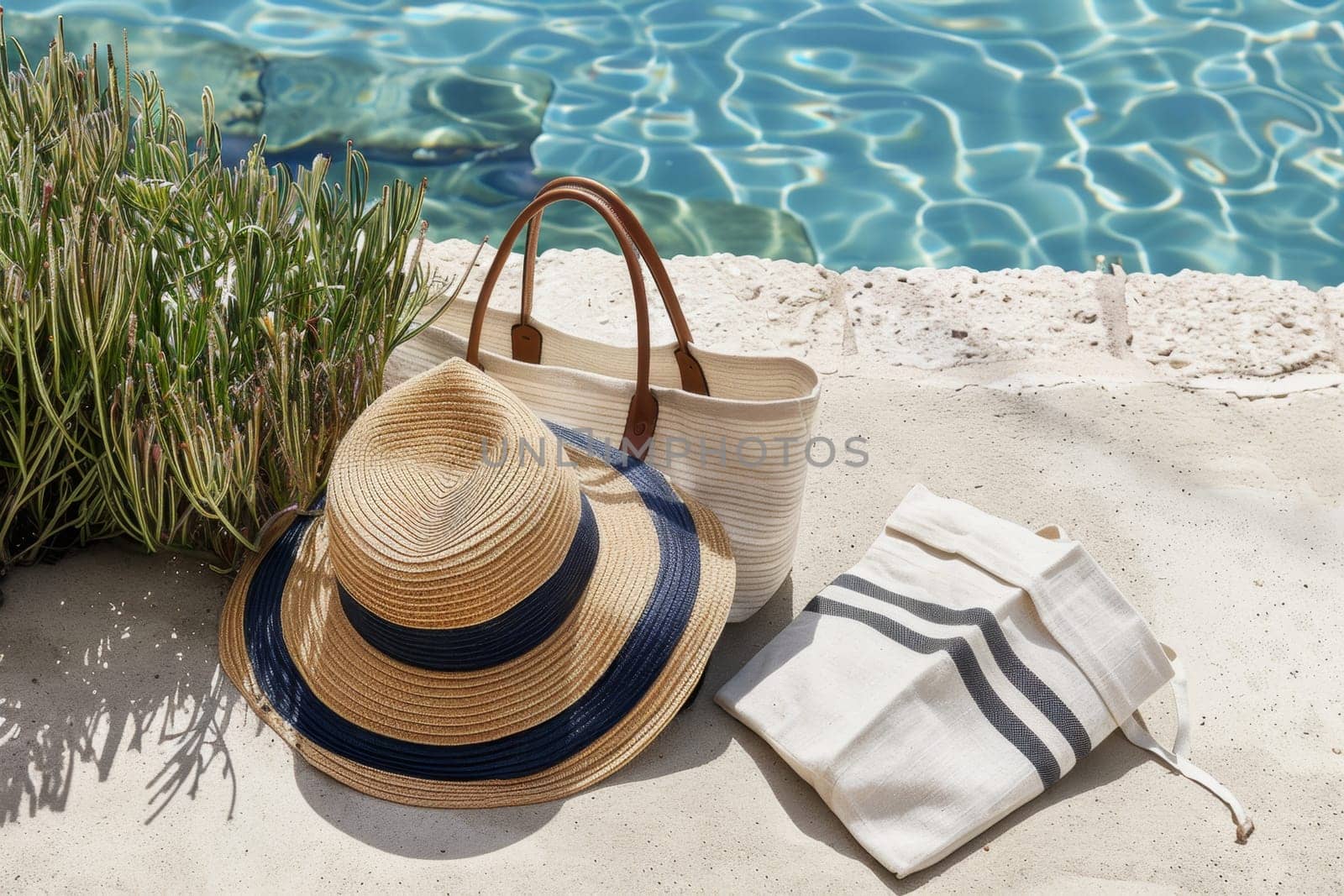 Close-up of a summer beach bag and hat on a sandy beach.
