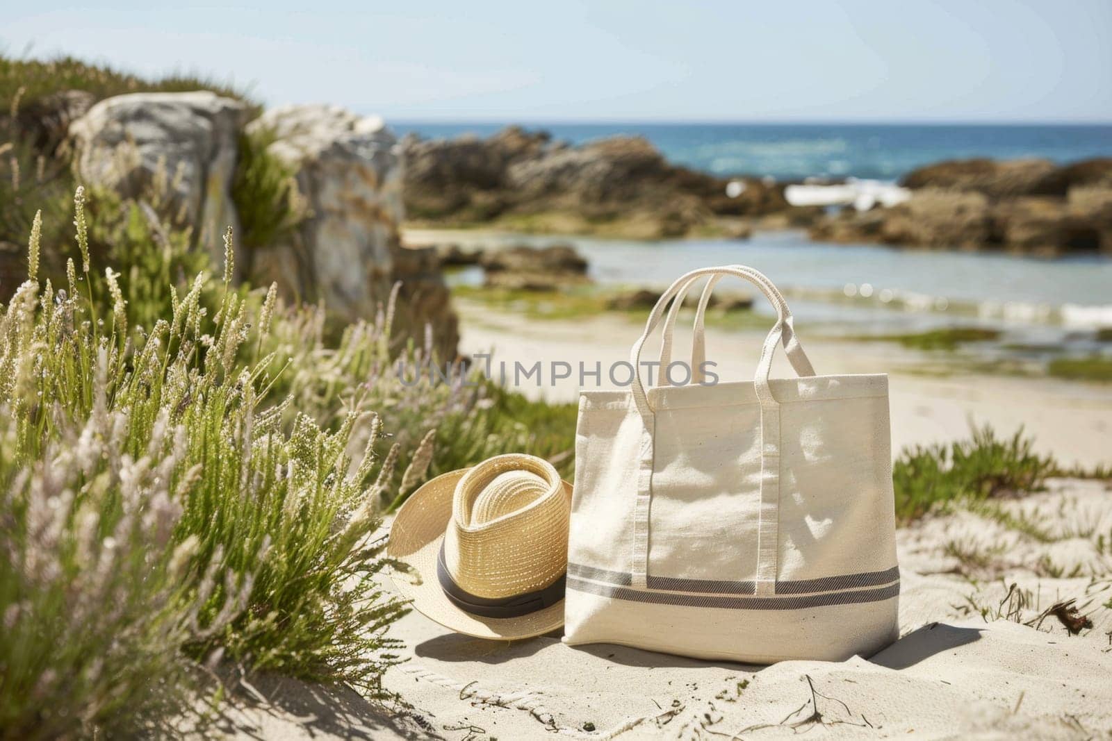 Close-up of a summer beach bag and hat on a sandy beach.