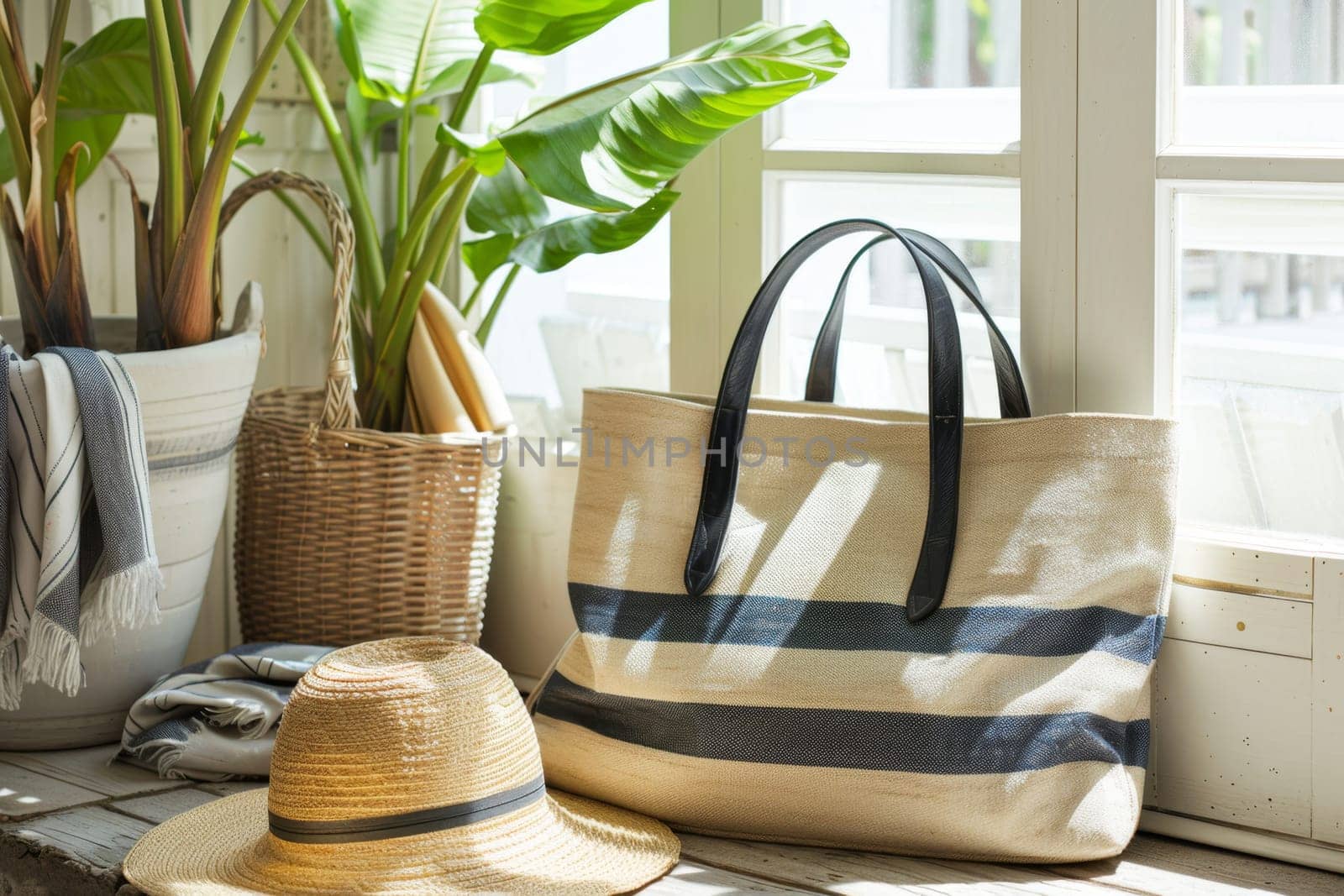 Close-up of a summer beach bag and hat on a sandy beach.