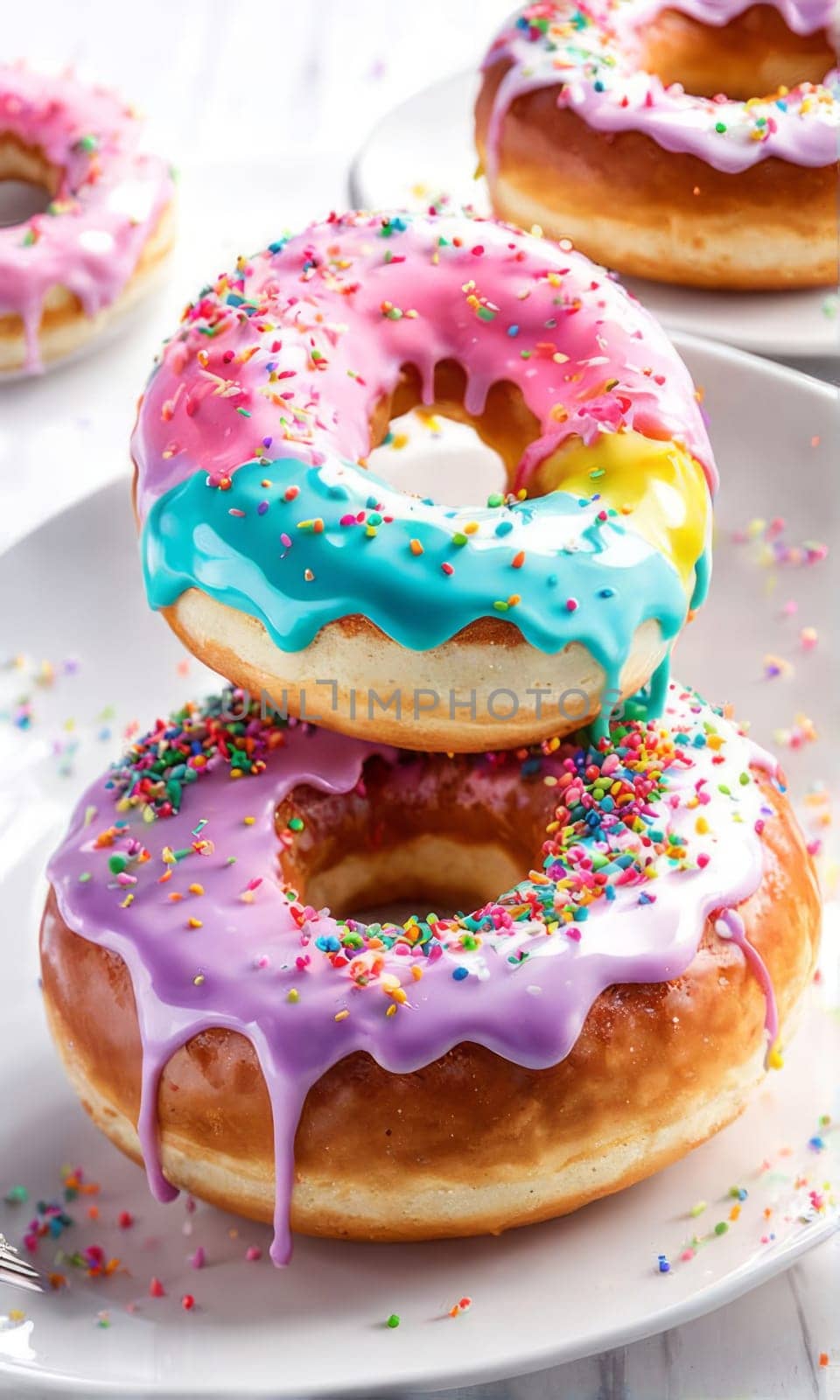 Variety of vibrant glazed donuts displayed on soft pink background, enticing with their colorful toppings, delicious allure. For cafe, pastry shop website, dessert advertisements, restaurant menu
