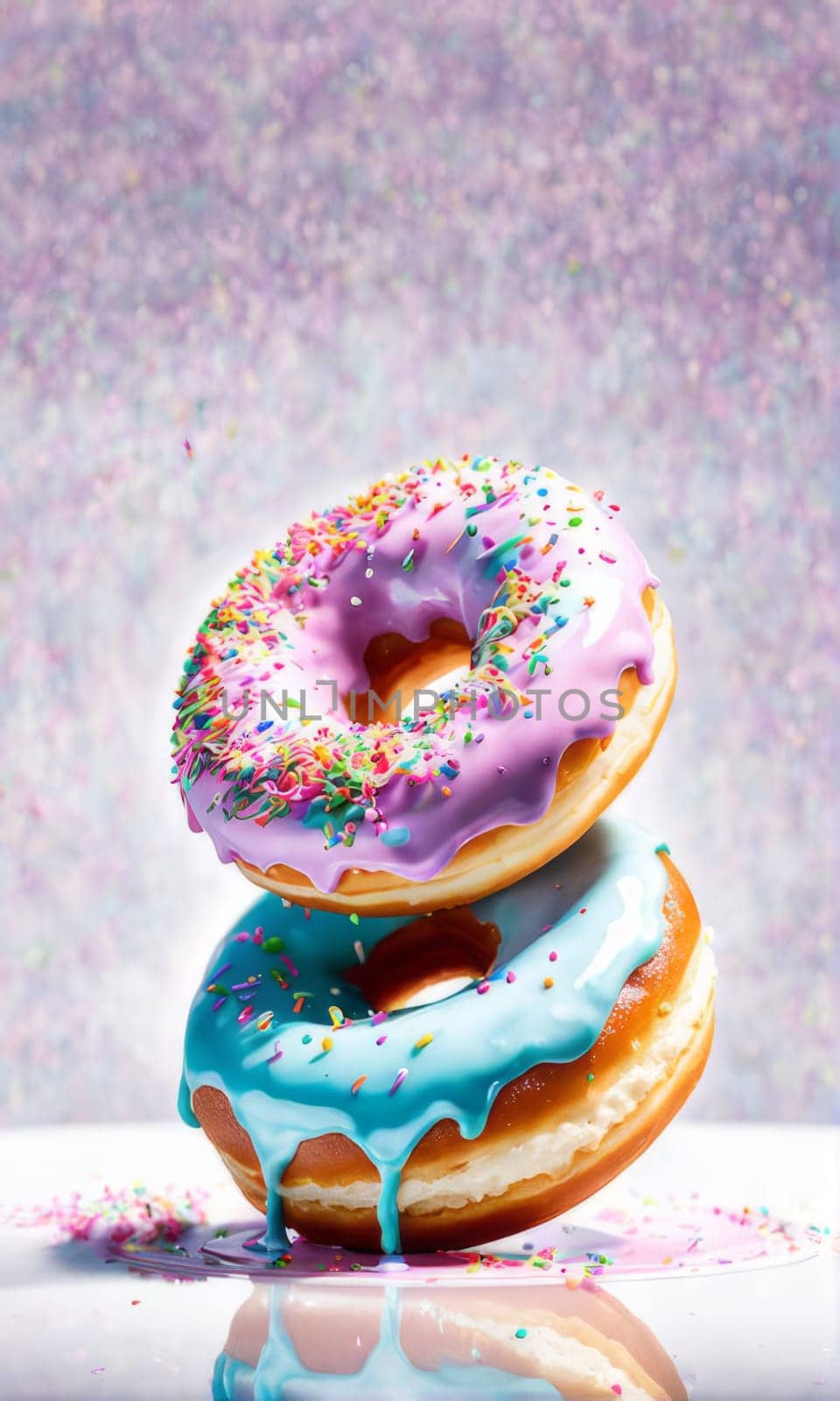 Variety of vibrant glazed donuts displayed on soft pink background, enticing with their colorful toppings, delicious allure. For cafe, pastry shop website, dessert advertisements, restaurant menu