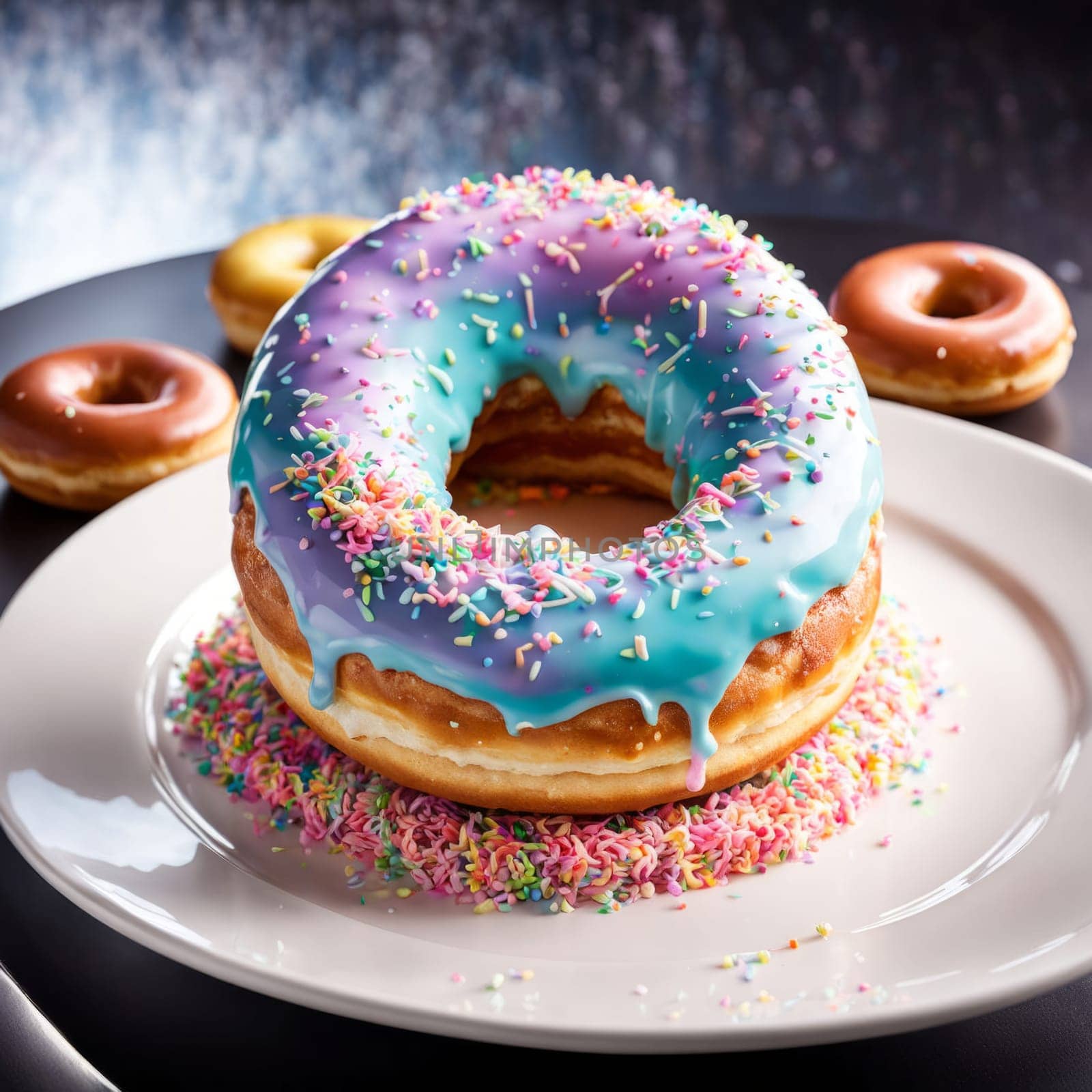 Variety of vibrant glazed donuts displayed on soft pink background, enticing with their colorful toppings, delicious allure. For cafe, pastry shop website, dessert advertisements, restaurant menu