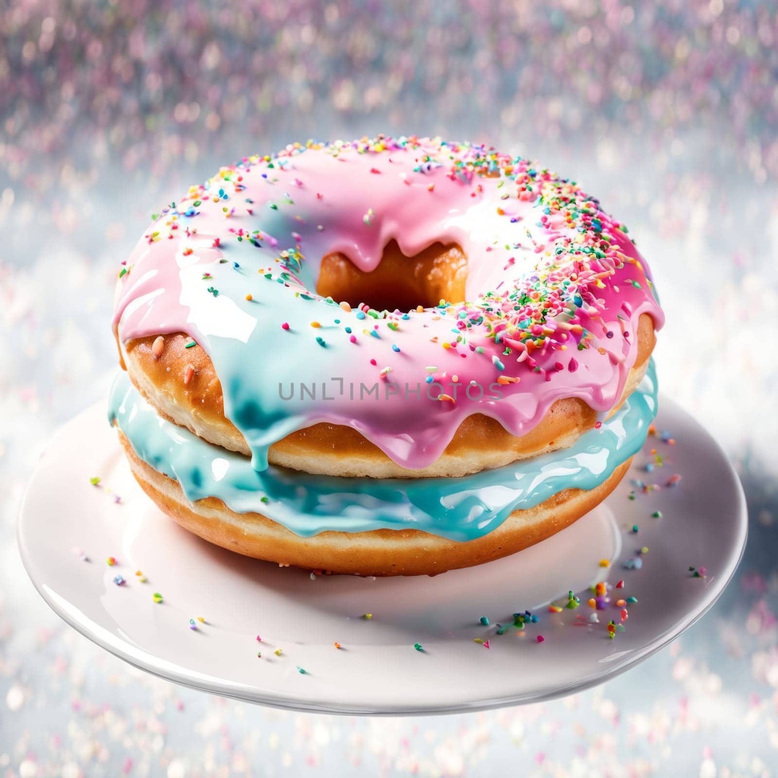 Variety of vibrant glazed donuts displayed on soft pink background, enticing with their colorful toppings, delicious allure. For cafe, pastry shop website, dessert advertisements, restaurant menu