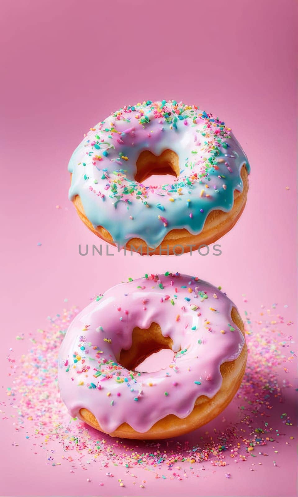 Variety of vibrant glazed donuts displayed on soft pink background, enticing with their colorful toppings, delicious allure. For cafe, pastry shop website, dessert advertisements, restaurant menu