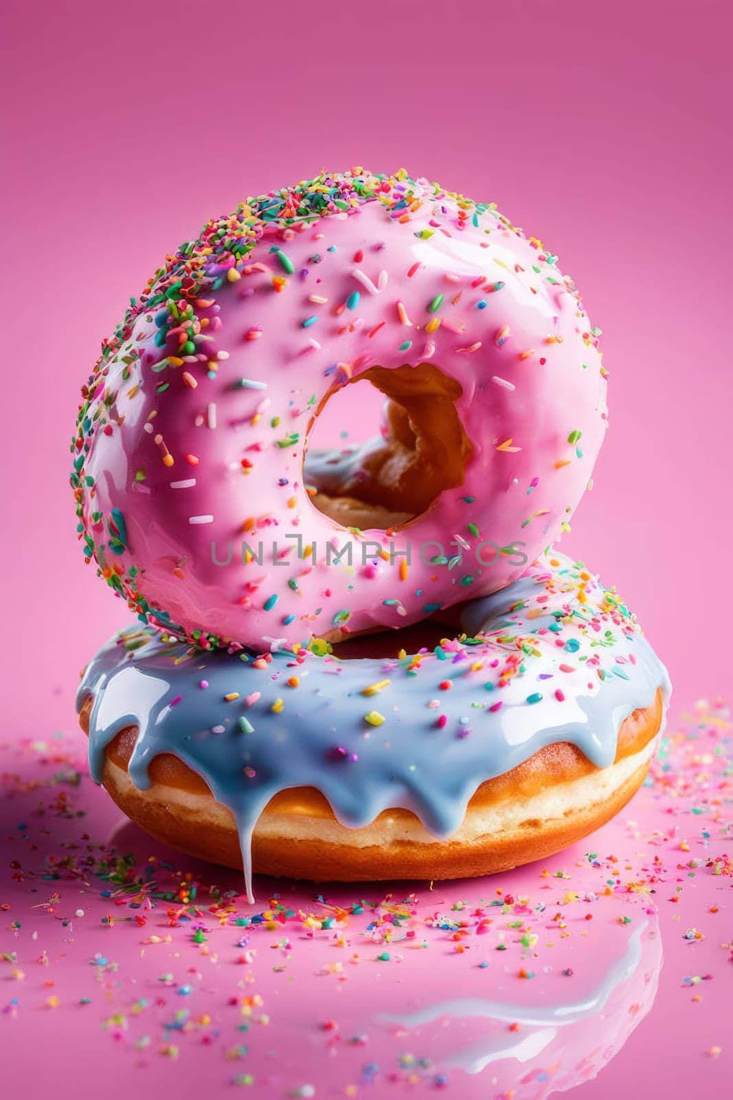 Variety of vibrant glazed donuts displayed on soft pink background, enticing with their colorful toppings, delicious allure. For cafe, pastry shop website, dessert advertisements, restaurant menu