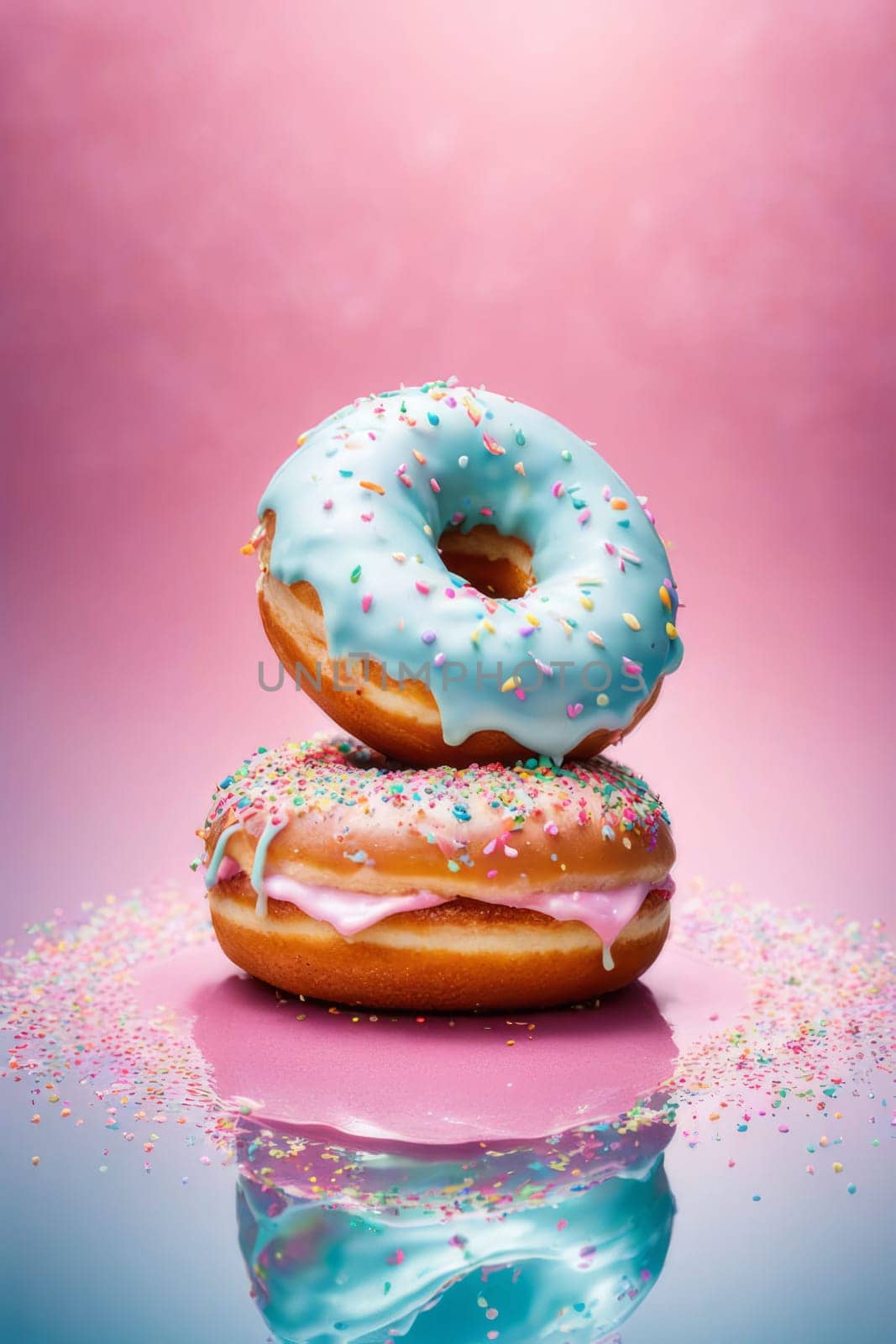 Variety of vibrant glazed donuts displayed on soft pink background, enticing with their colorful toppings, delicious allure. For cafe, pastry shop website, dessert advertisements, restaurant menu