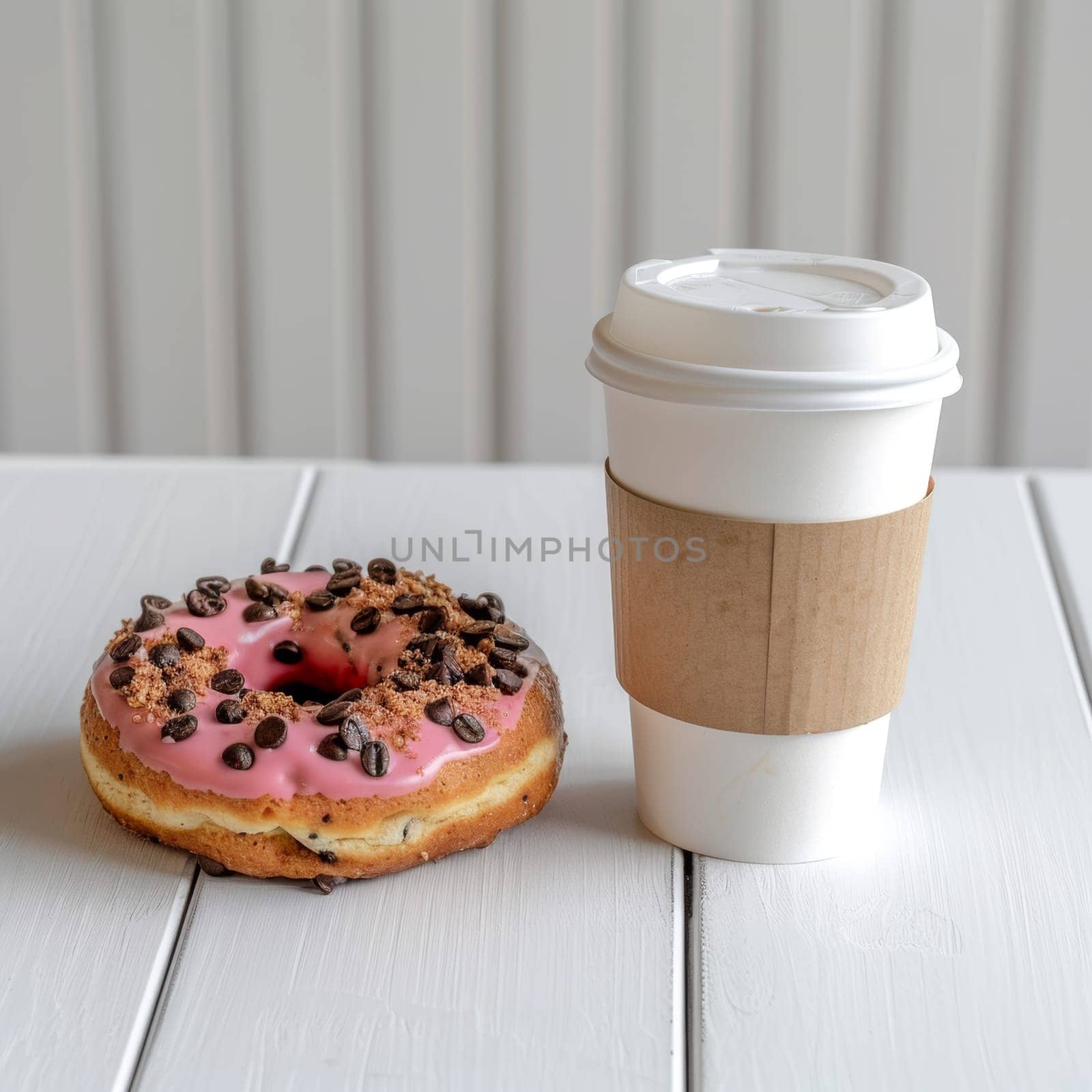 There is a cardboard coffee cup and one donut on the table.