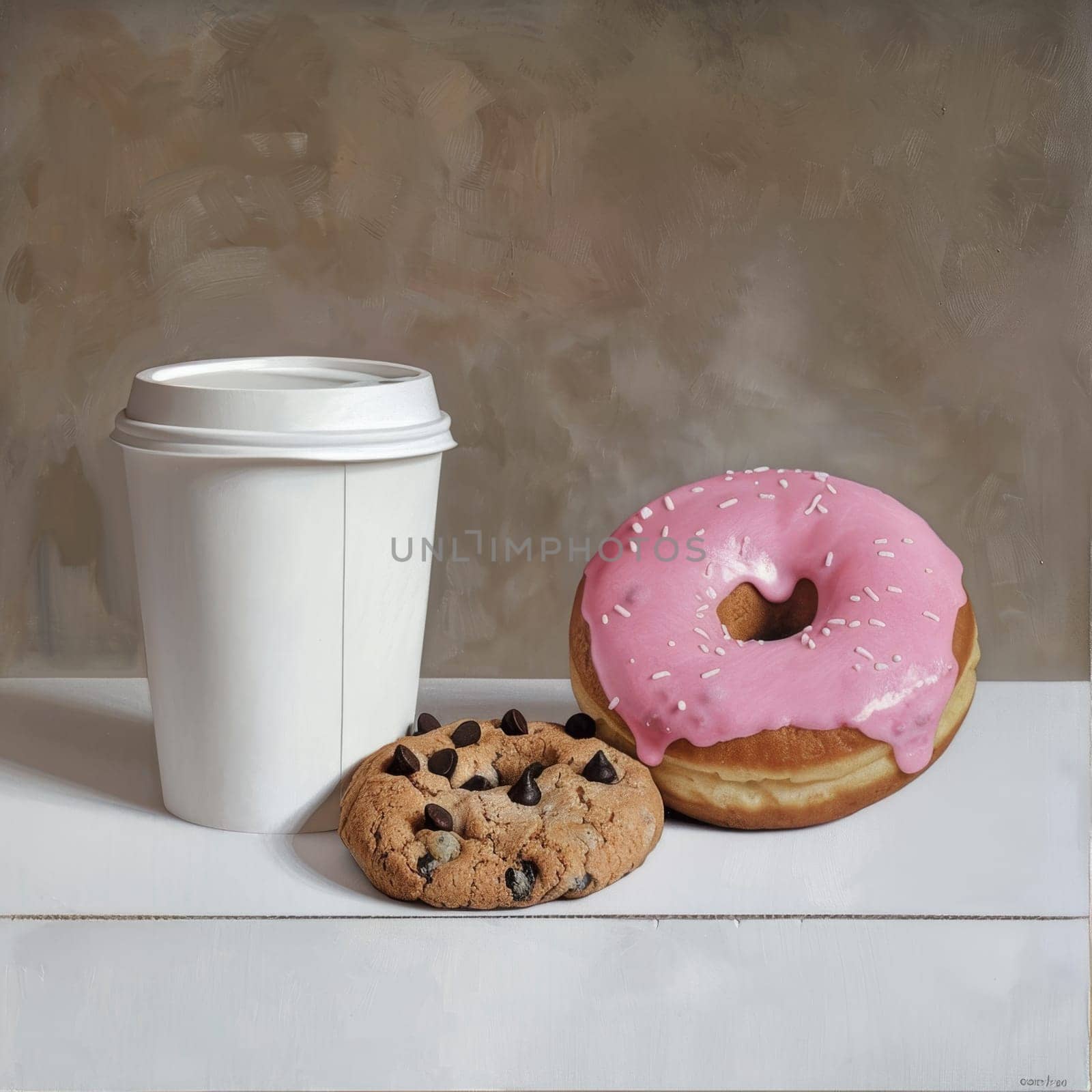 A cardboard coffee cup and two donuts are on the table.