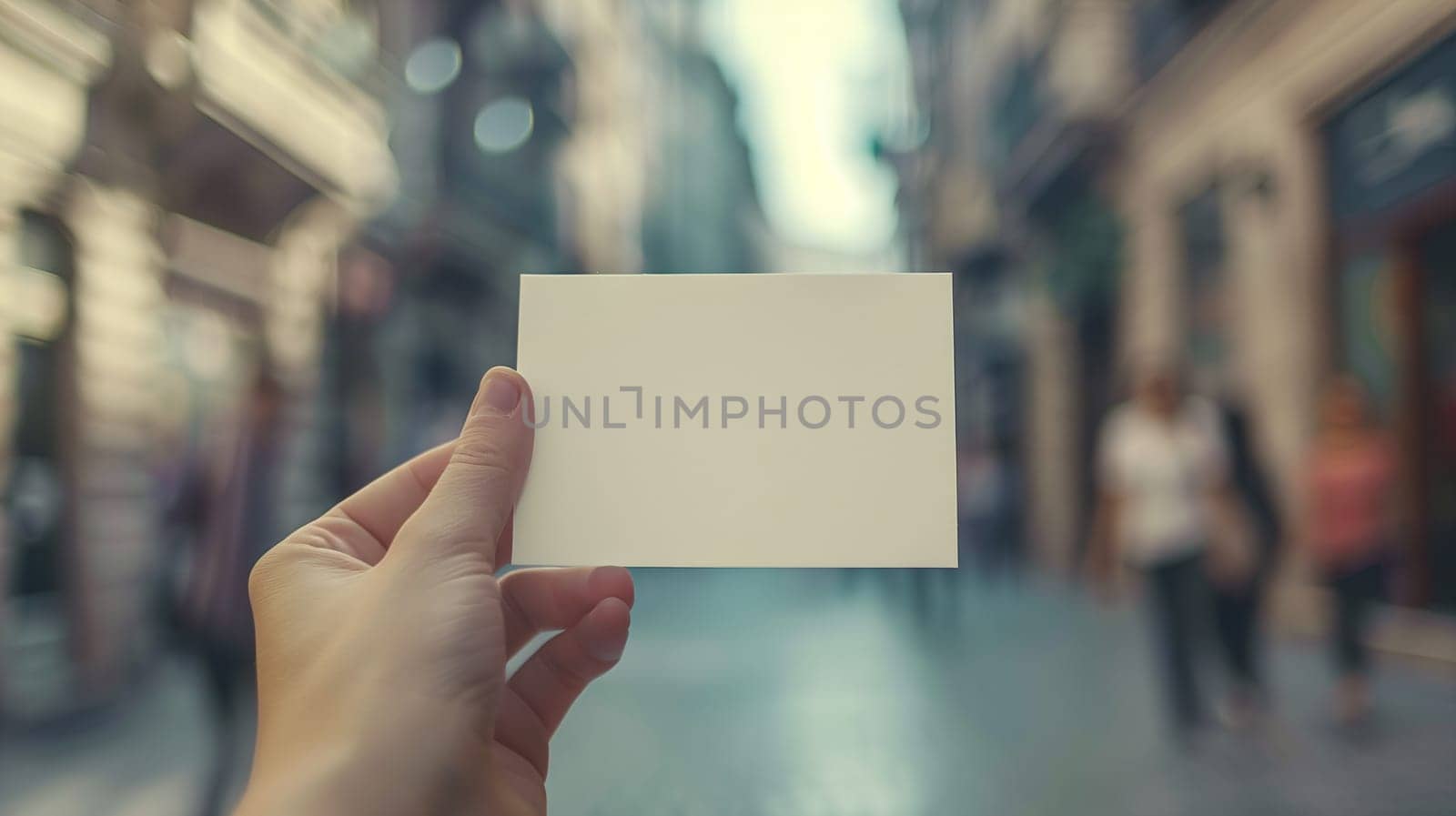 Hand Holding Blank White Card in Busy Street Setting During Daytime by chrisroll