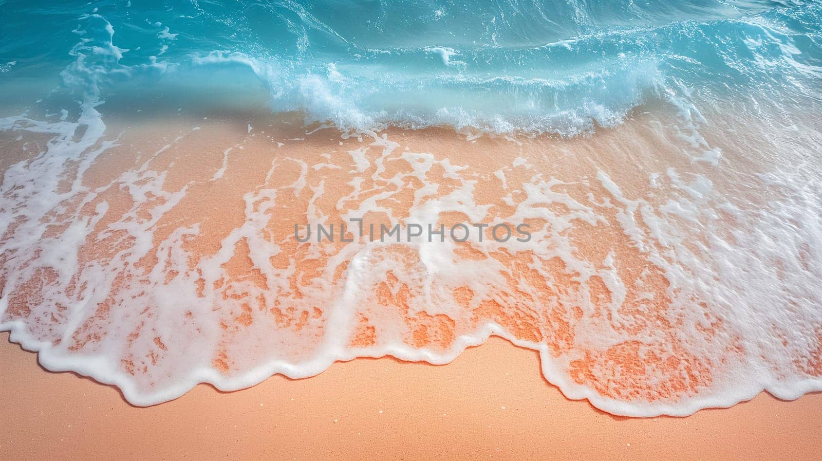 The soft, warm glow of sunset illuminates a tranquil beach scene where gentle waves create frothy patterns as they wash ashore on smooth sand - Generative AI