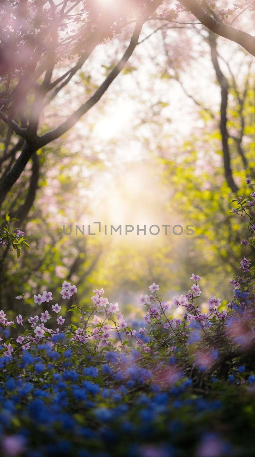 A photo capturing the rays of the sun shining through a dense forest, illuminating the trees and flowers below.