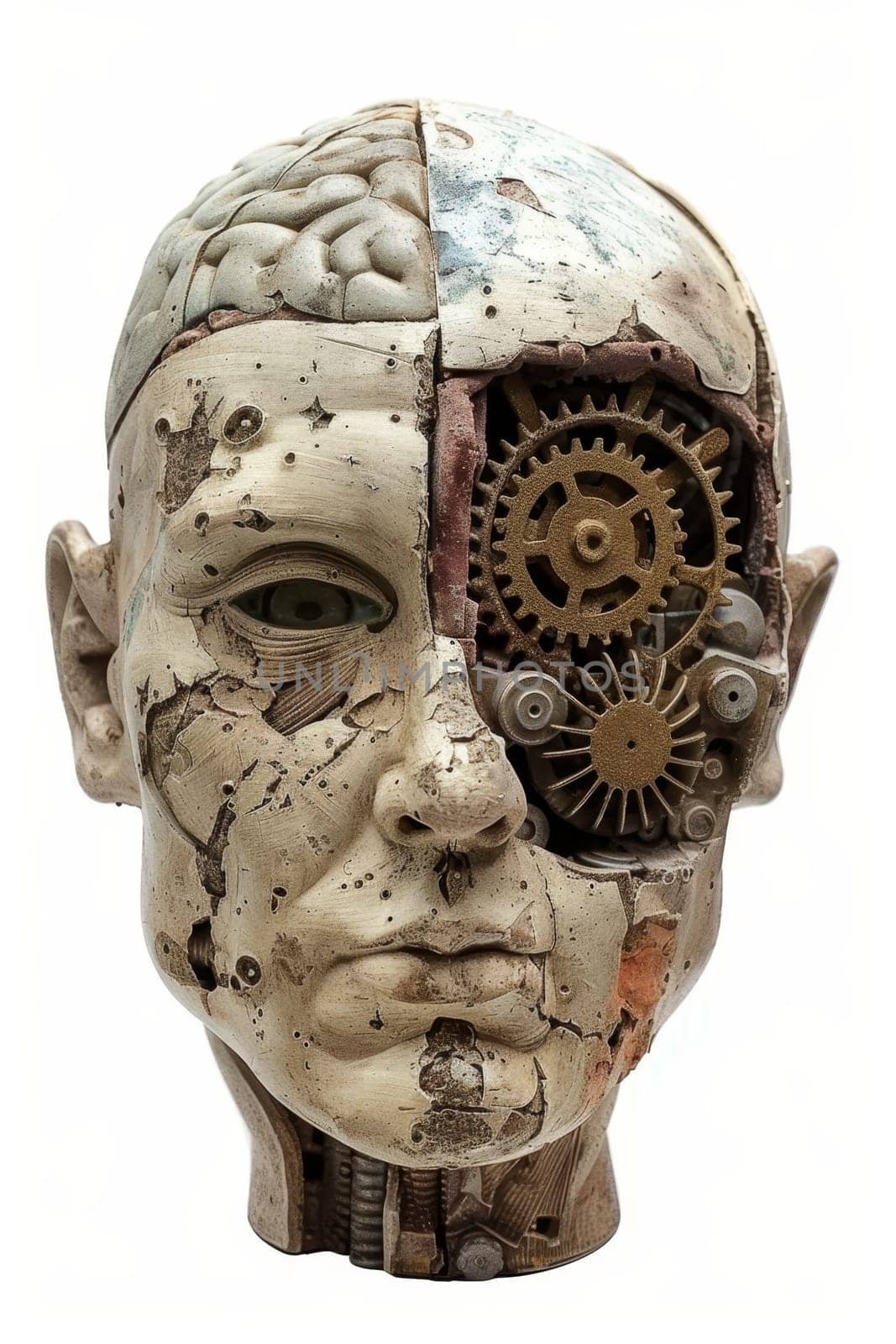 A human head with a toothed clockwork mechanism. The concept of thinking, decision-making.