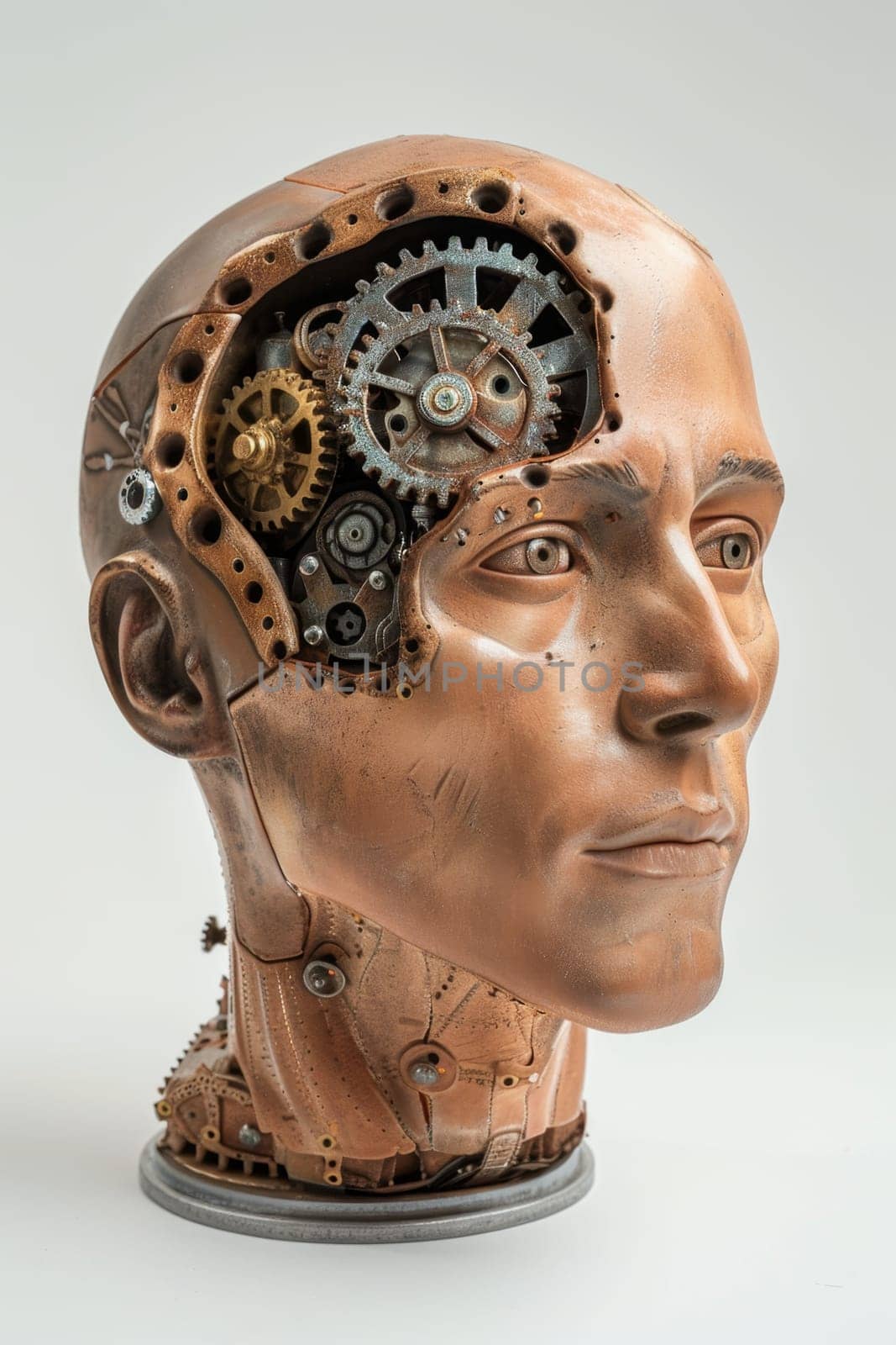 A human head with a toothed clockwork mechanism. The concept of thinking, decision-making by Lobachad