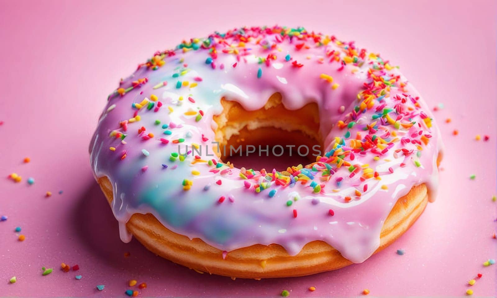 Appetizing donut adorned with variety of colorful sprinkles, on serene pink backdrop, enticing with its tempting appearance. For advertising campaigns, menus, social media platforms, culinary book