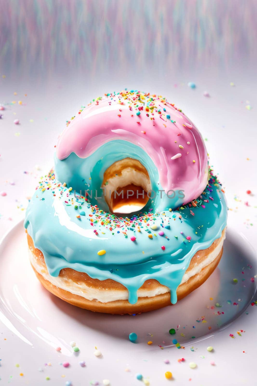 Colorful donut covered in sprinkles, set against vibrant pink background. For bakery website, dessert advertisements, cafe, restaurant menu, on food blog, social media, culinary book, magazine. banner