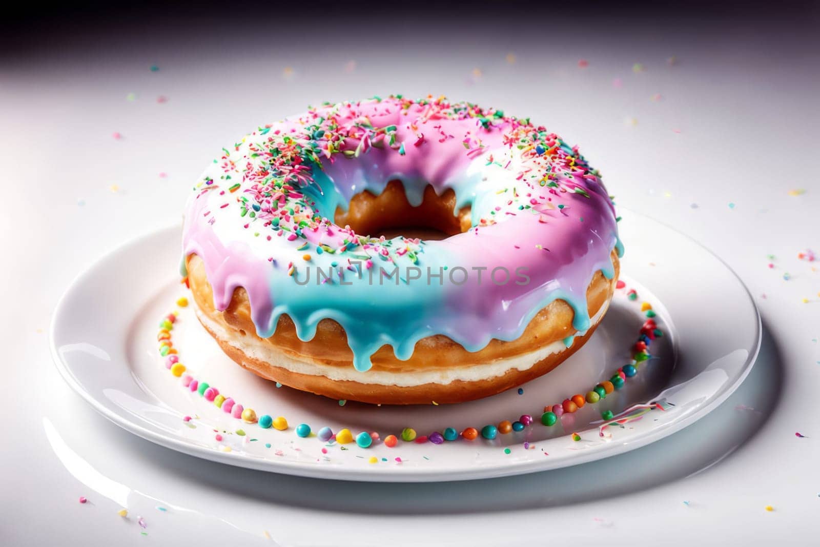 Mouthwatering donut with shiny glaze adorned with variety of vibrant sprinkles on pristine white ceramic plate.For advertise cafe, pastry shop, bakery, to promote sweets, baked goods on social network