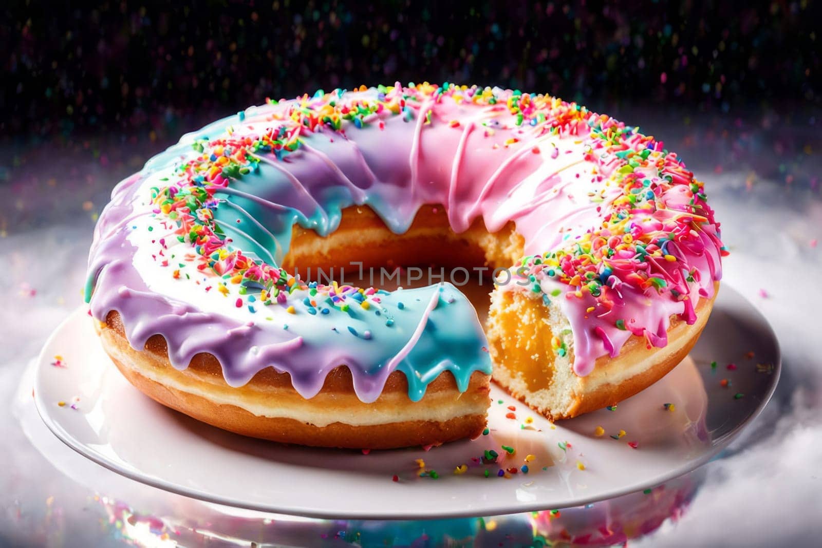 Mouthwatering donut with shiny glaze adorned with variety of vibrant sprinkles on pristine white ceramic plate.For advertise cafe, pastry shop, bakery, to promote sweets, baked goods on social network