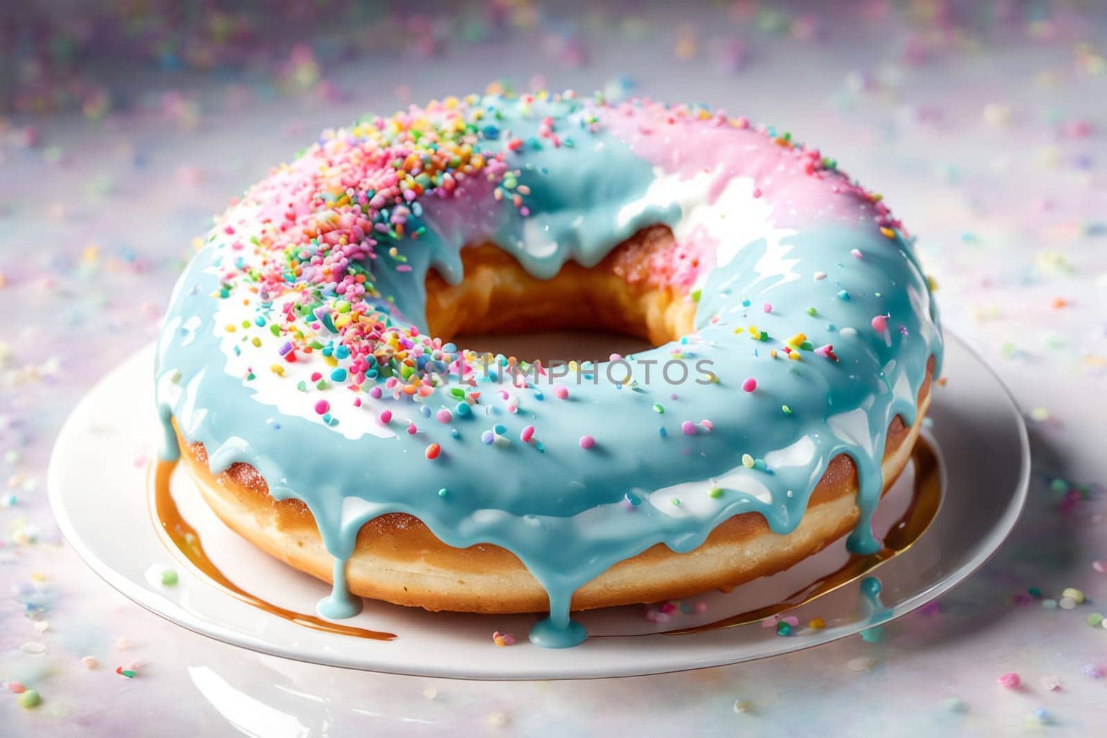 Delicious glazed donut topped with colorful sprinkles on white plate. For advertise cafe, bakery, confectionery, promote sweets, desserts on social network, on restaurant menu, on website, banner