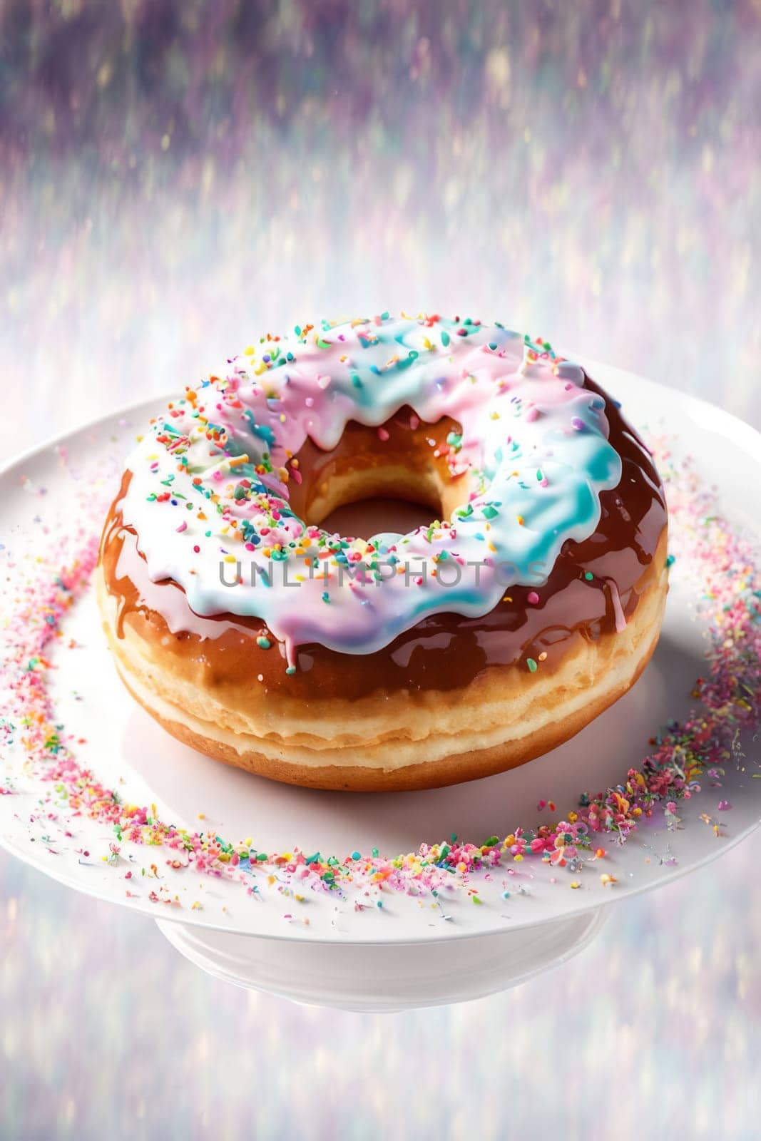 Delicious donut topped with rich chocolate glaze, colorful sprinkles on plate. For promote baked good, confectionery product, cafe, bakery, restaurant, create advertising, menu, banner, blogs