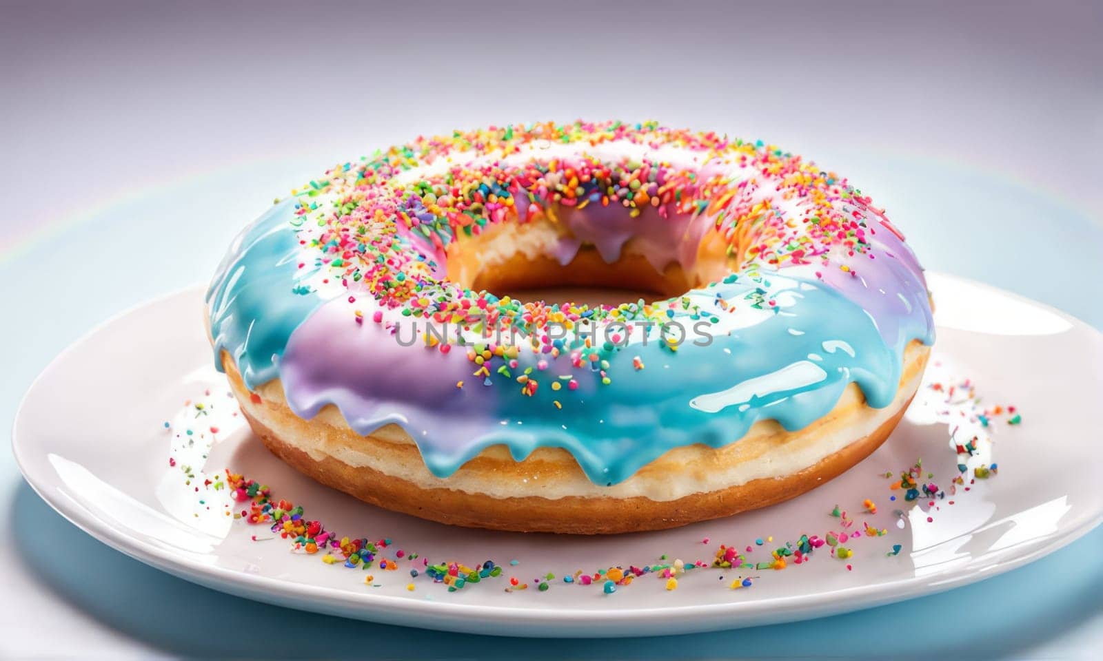 Freshly baked donut topped with generous amount of rainbow-colored sprinkles drizzled with rich sweet icing on pristine white plate. For culinary book, magazine, food blog, social media platforms