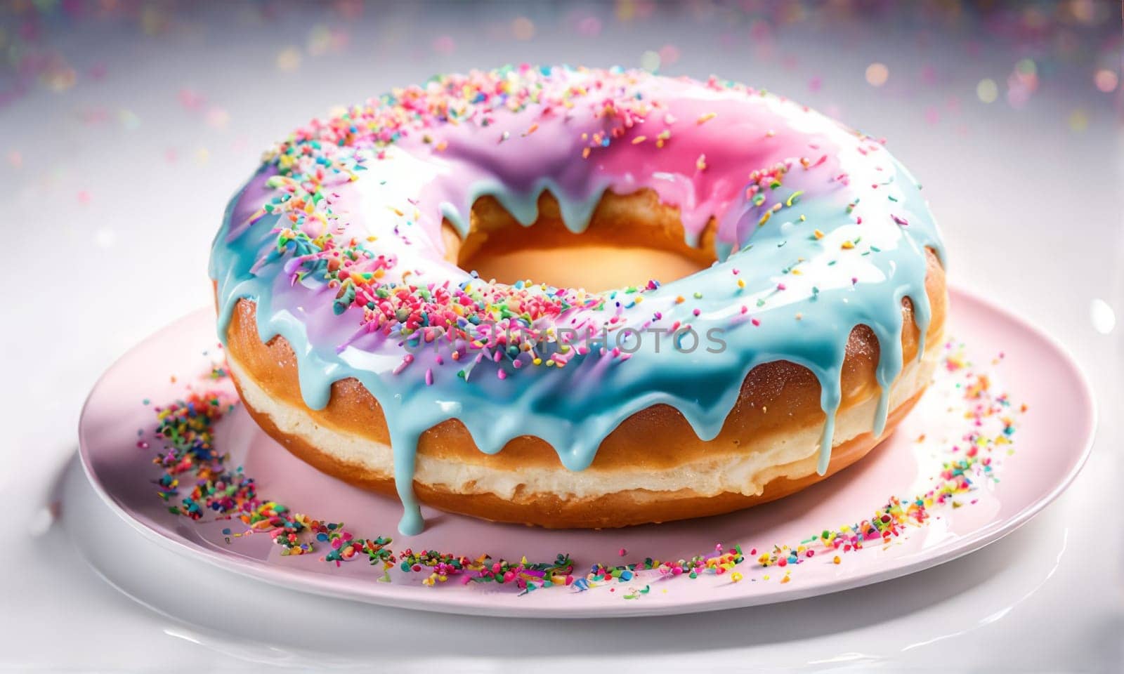 Freshly baked donut topped with generous amount of rainbow-colored sprinkles drizzled with rich sweet icing on pristine white plate. For culinary book, magazine, food blog, social media platforms