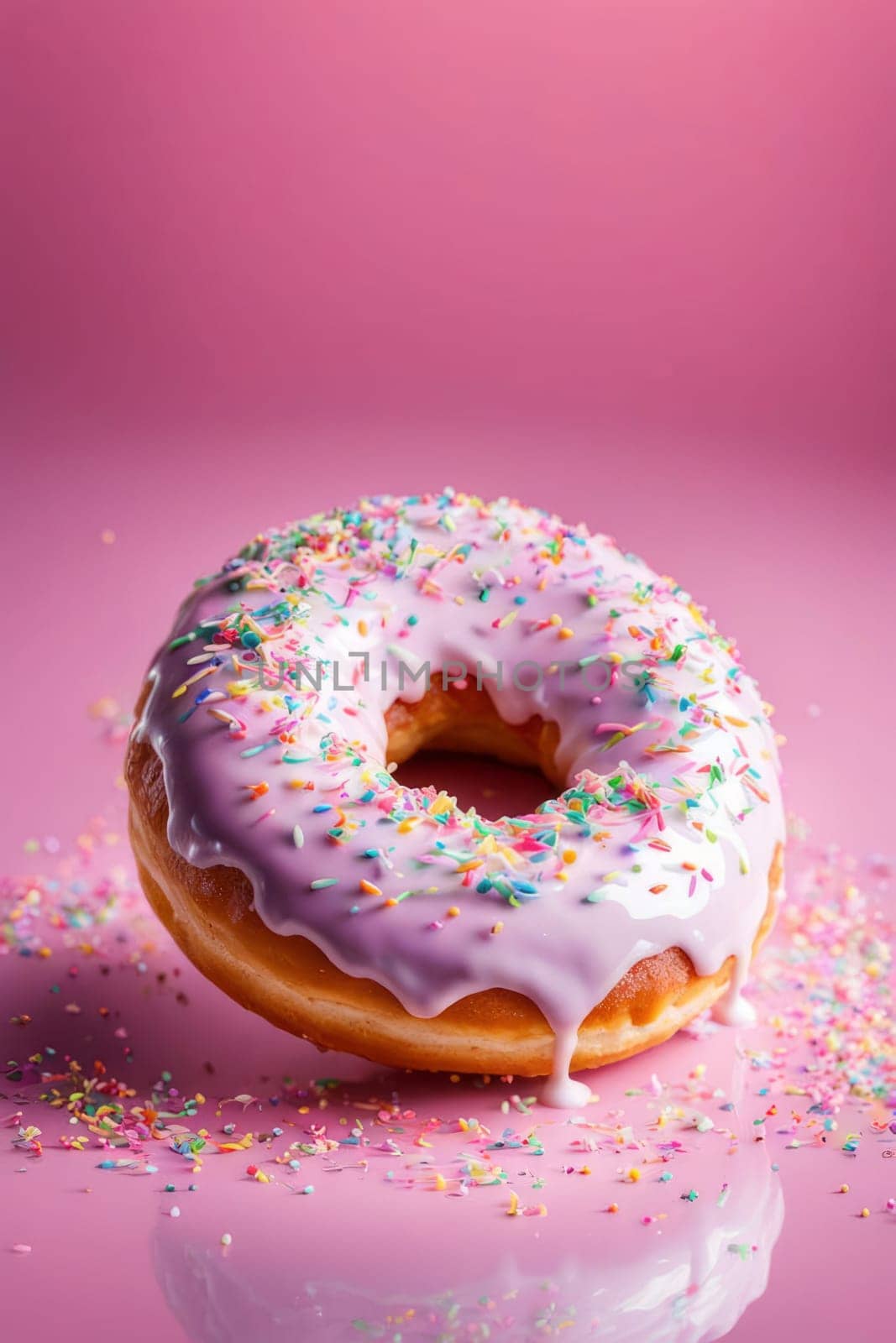 Delicious purple donut topped with colorful sprinkles on vibrant pink background. For advertise cafe, pastry shop, bakery, promote sweets, baked goods on social networks, on website, in menu, banner