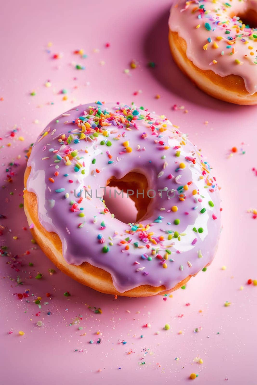 Delicious purple donut topped with colorful sprinkles on vibrant pink background. For advertise cafe, pastry shop, bakery, promote sweets, baked goods on social networks, on website, in menu, banner
