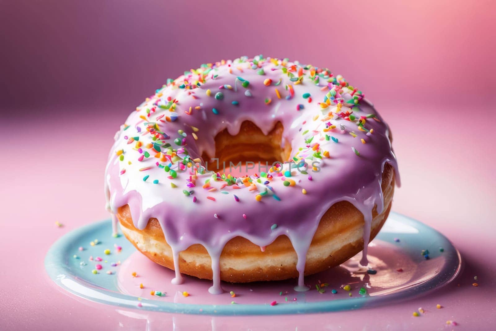 Delicious donut with colorful sprinkles sweet icing on plate. For promoting cafe, bakery, pastry shop, creating advertisements in food, gastronomy industry, culinary book, magazine, food blog, banner