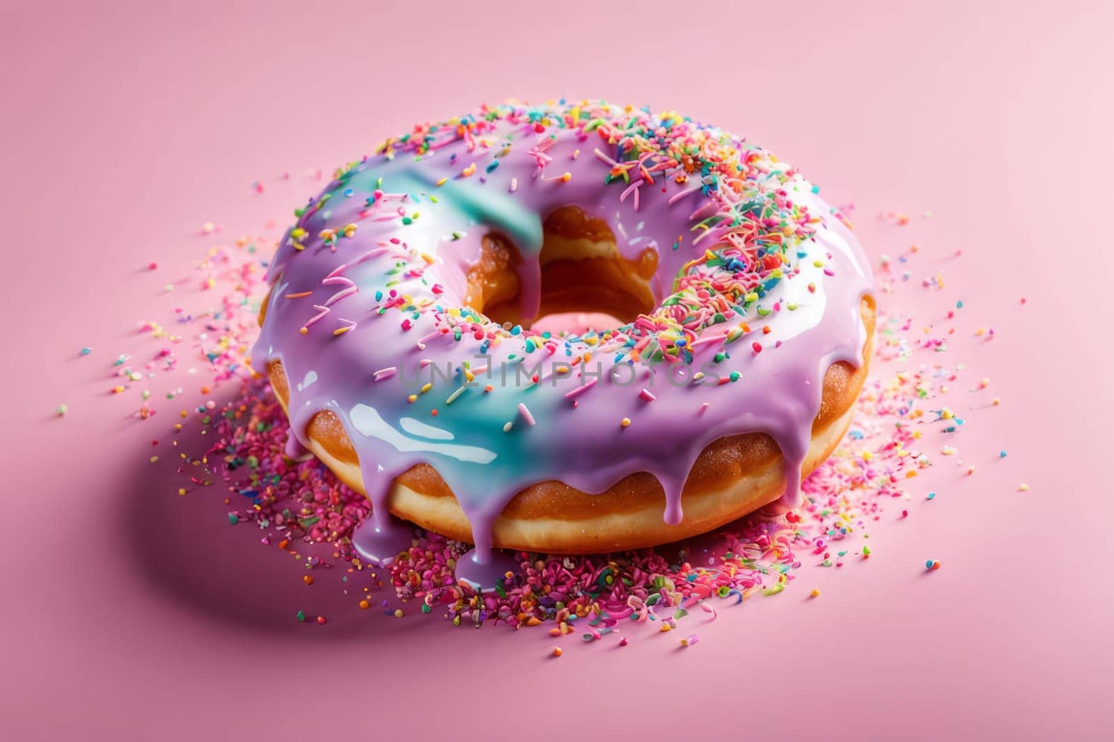 Appetizing donut adorned with variety of colorful sprinkles, on serene pink backdrop, enticing with its tempting appearance. For advertising campaigns, menus, social media platforms, culinary book