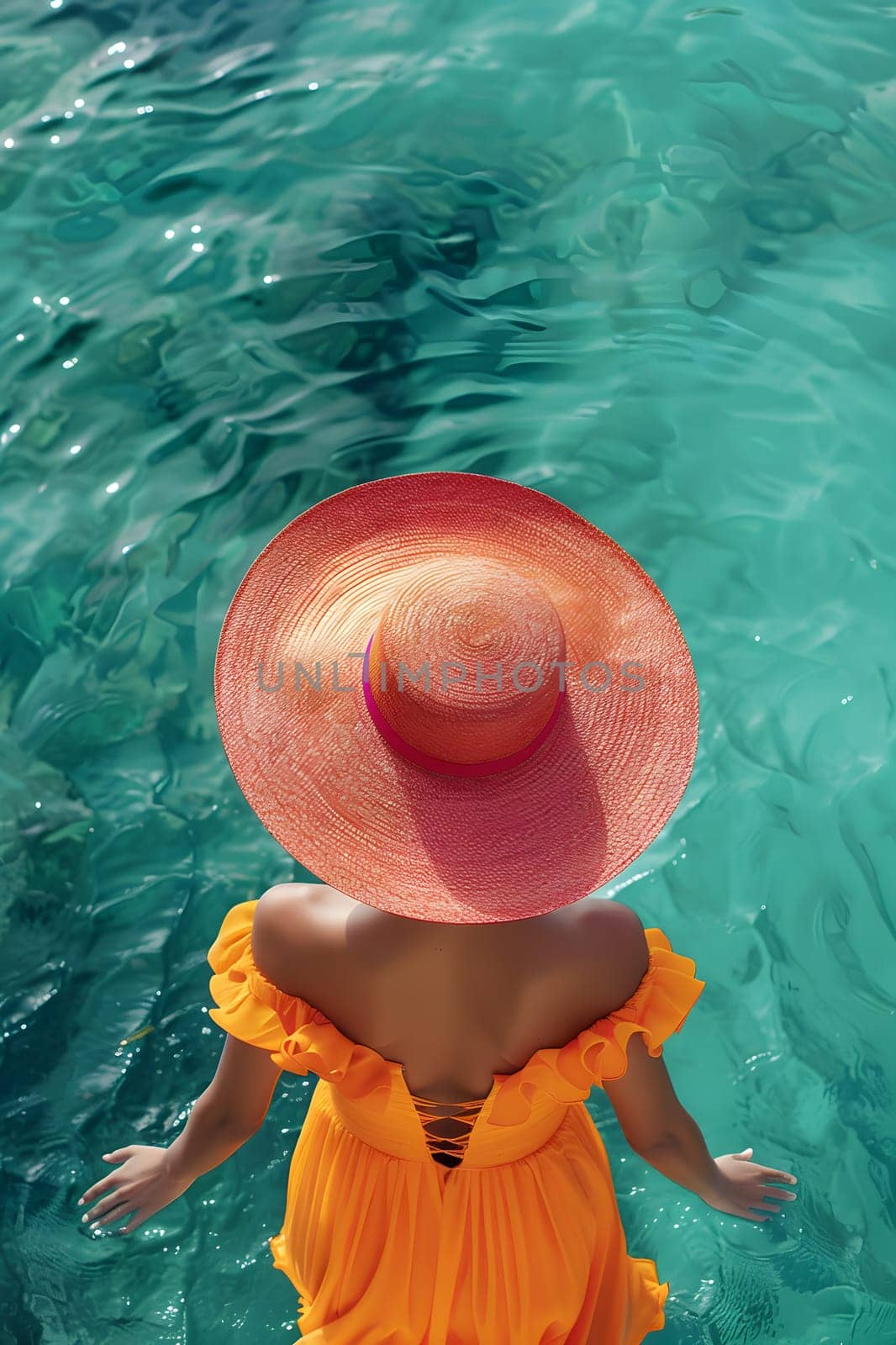 An aquatic organism in an azure cap and a pink diving mask is leisurely swimming in the aqua water of the pool, having fun underwater