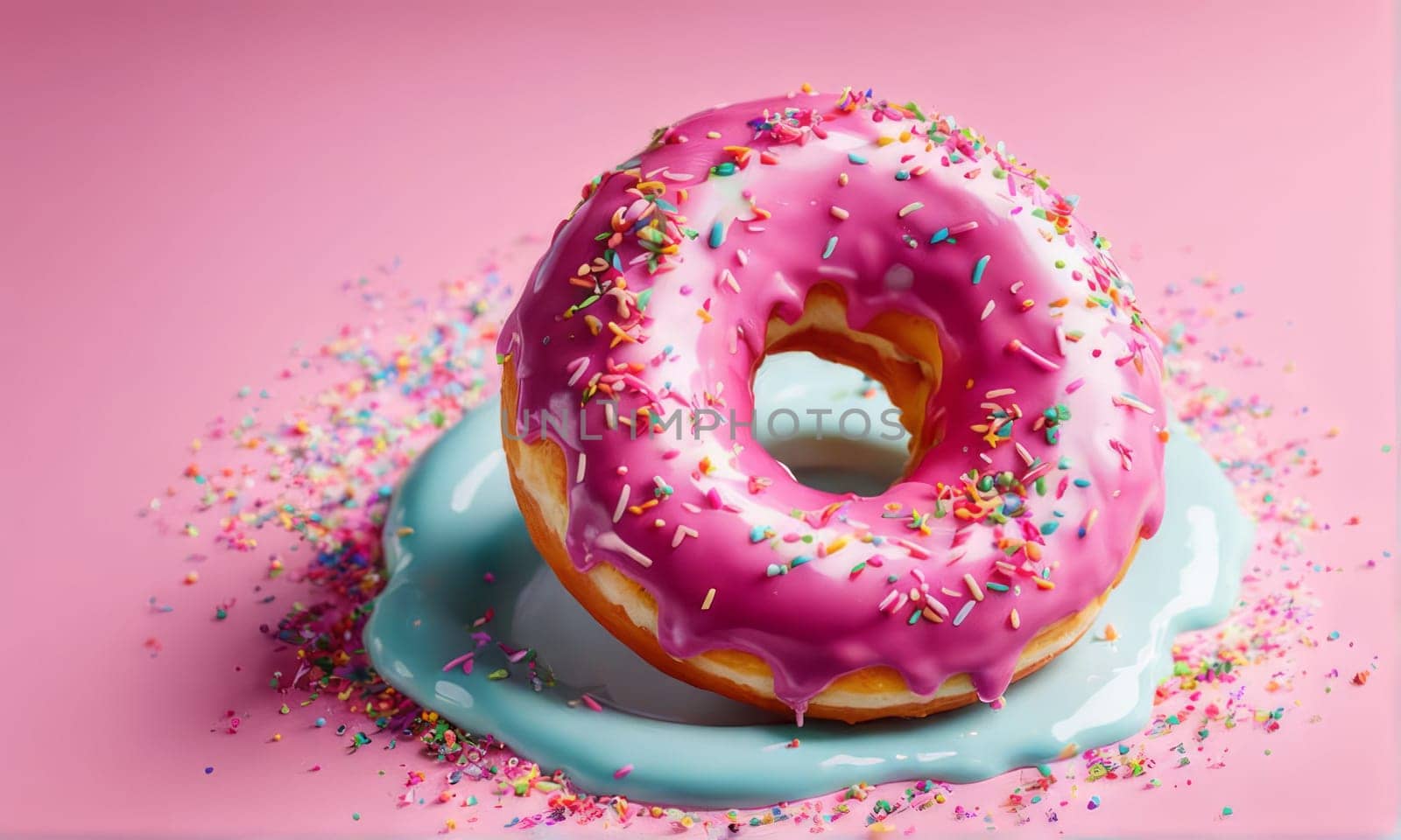 Colorful donut covered in sprinkles, set against vibrant pink background. For bakery website, dessert advertisements, cafe, restaurant menu, on food blog, social media, culinary book, magazine. banner