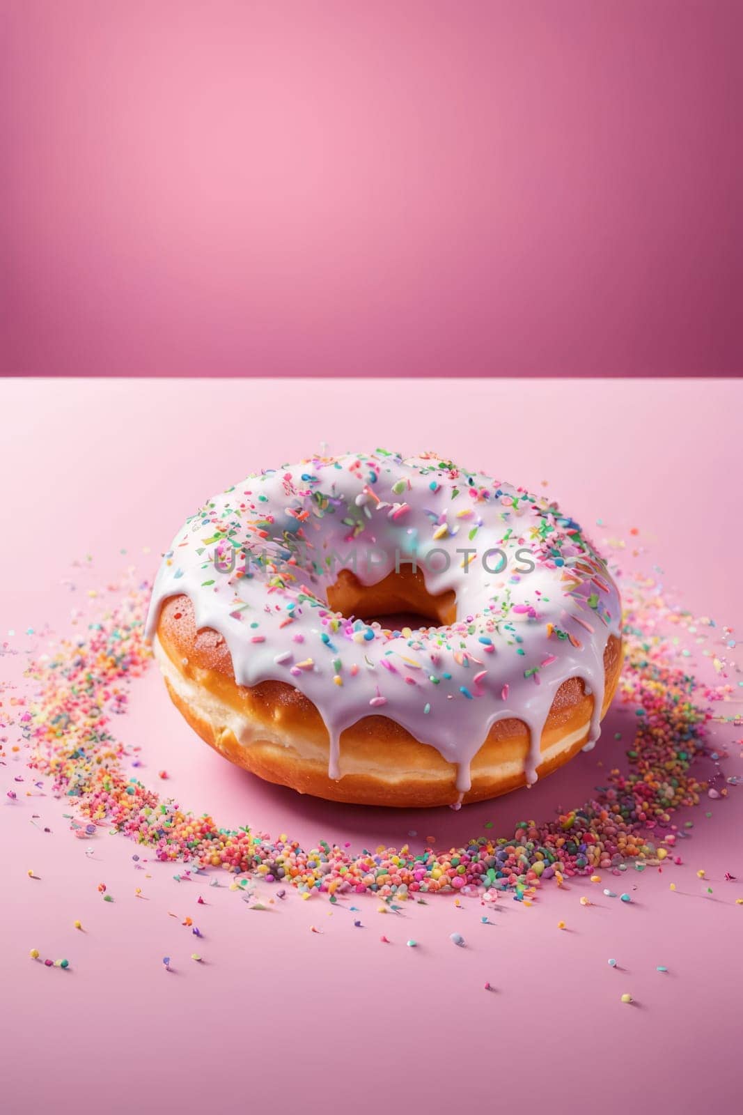 Colorful donut covered in sprinkles, set against vibrant pink background. For bakery website, dessert advertisements, cafe, restaurant menu, on food blog, social media, culinary book, magazine. banner