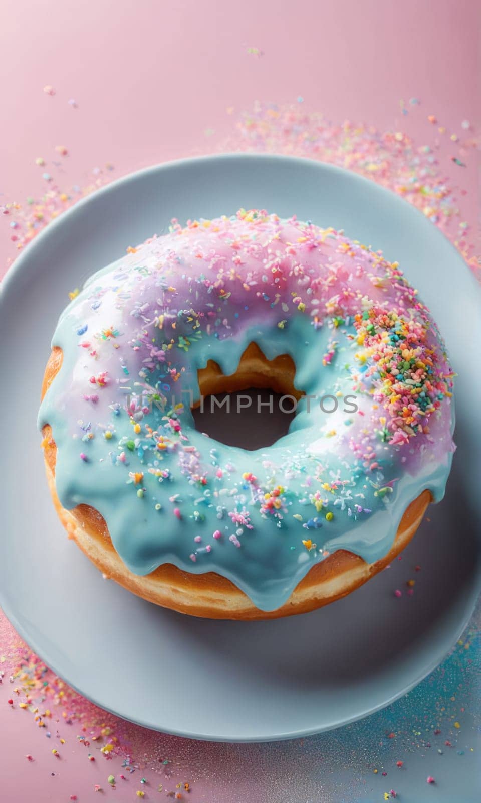 Delicious donut with colorful sprinkles sweet icing on plate. For promoting cafe, bakery, pastry shop, creating advertisements in food, gastronomy industry, culinary book, magazine, food blog, banner
