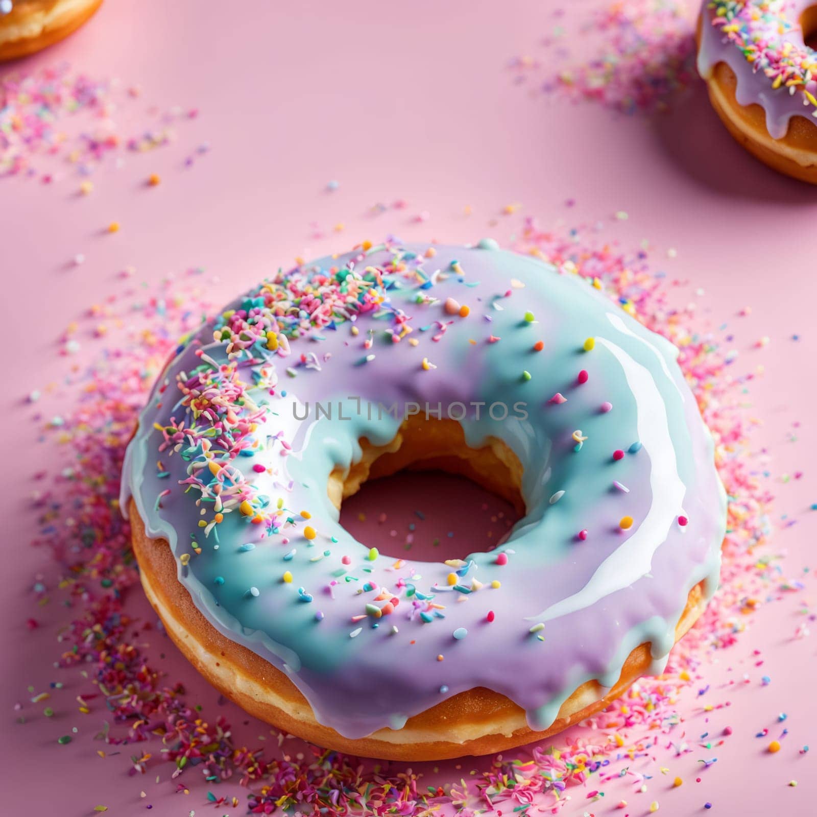 Colorful donut covered in sprinkles, set against vibrant pink background. For bakery website, dessert advertisements, cafe, restaurant menu, on food blog, social media, culinary book, magazine. banner