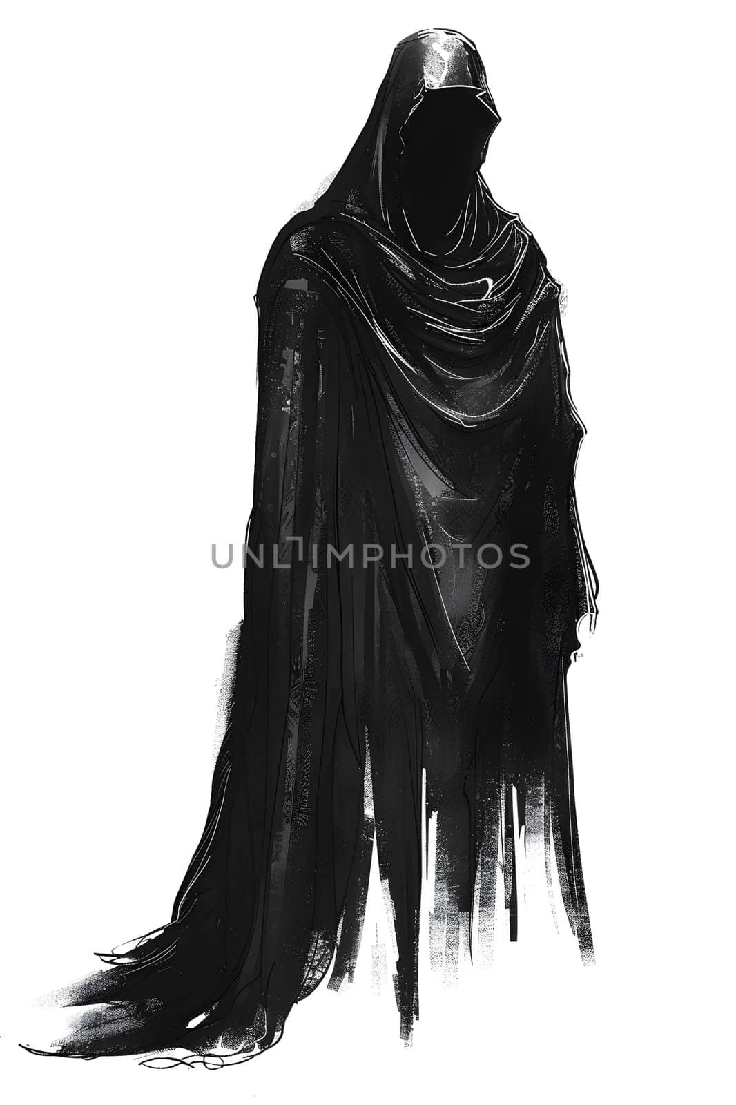 Black and white drawing of a faceless grim reaper, with a fur stole by Nadtochiy