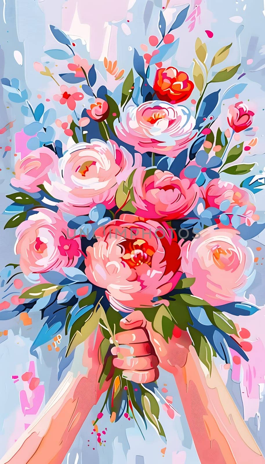 A creative arts painting of hands holding a pink and blue flower bouquet by Nadtochiy