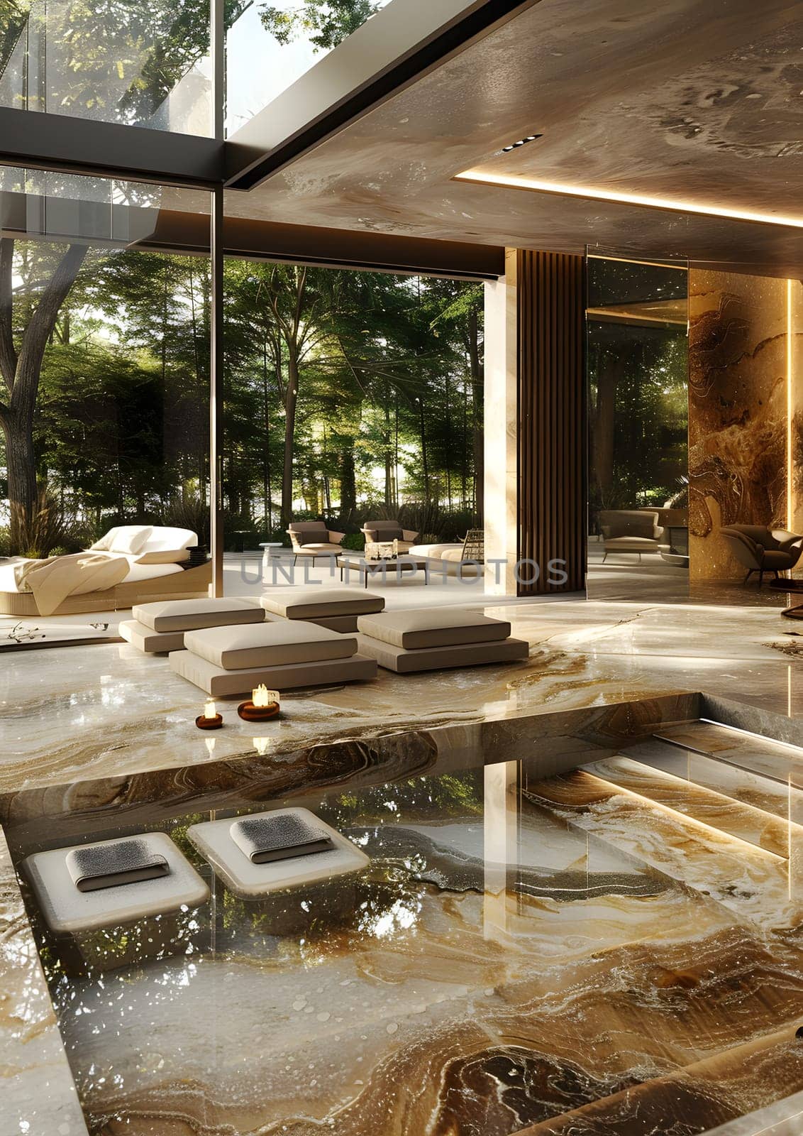 The room features a spacious pool, surrounded by hardwood flooring and planks by Nadtochiy