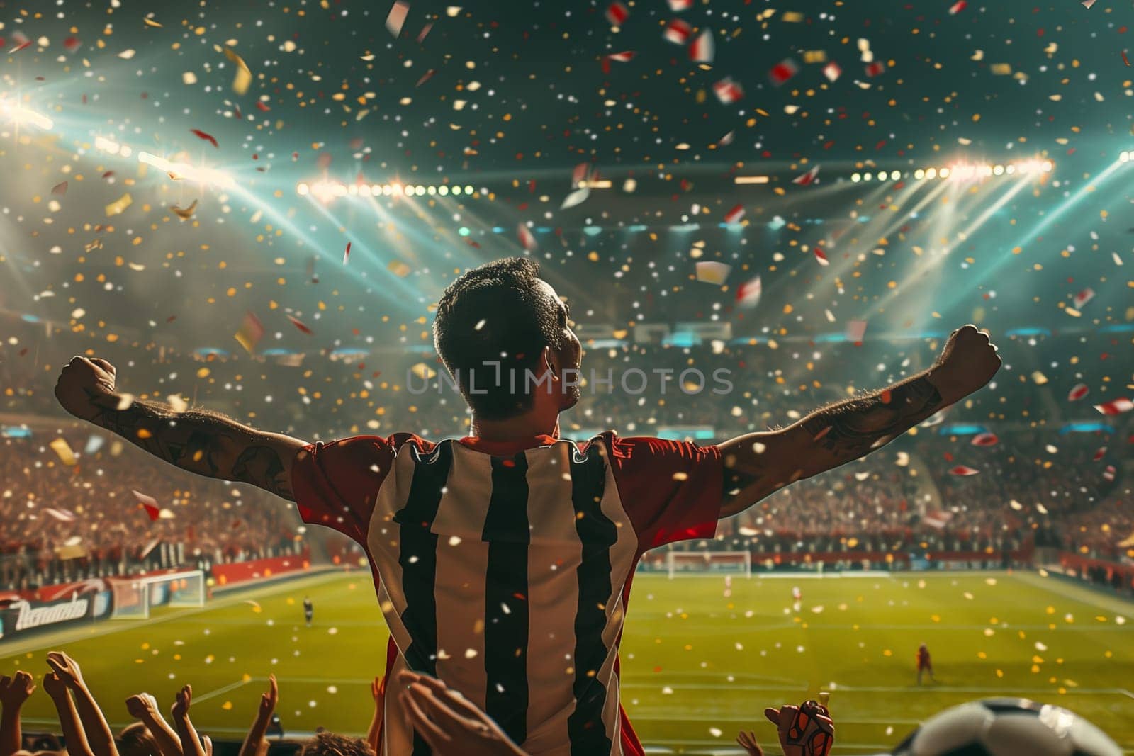 A player standing on the soccer field with arms raised, celebrating in front of a cheering crowd. The world is filled with light as fun and excitement fill the air during the competition event