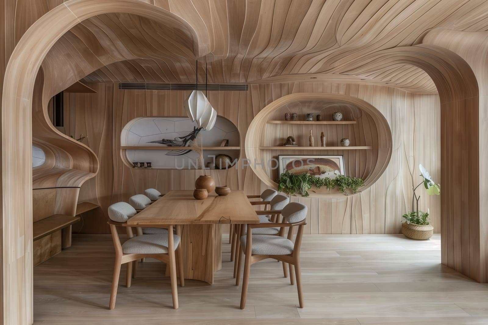A room with hardwood flooring, wooden table and chairs, and a wooden ceiling. The space is decorated with plants and art, creating a cozy dining area