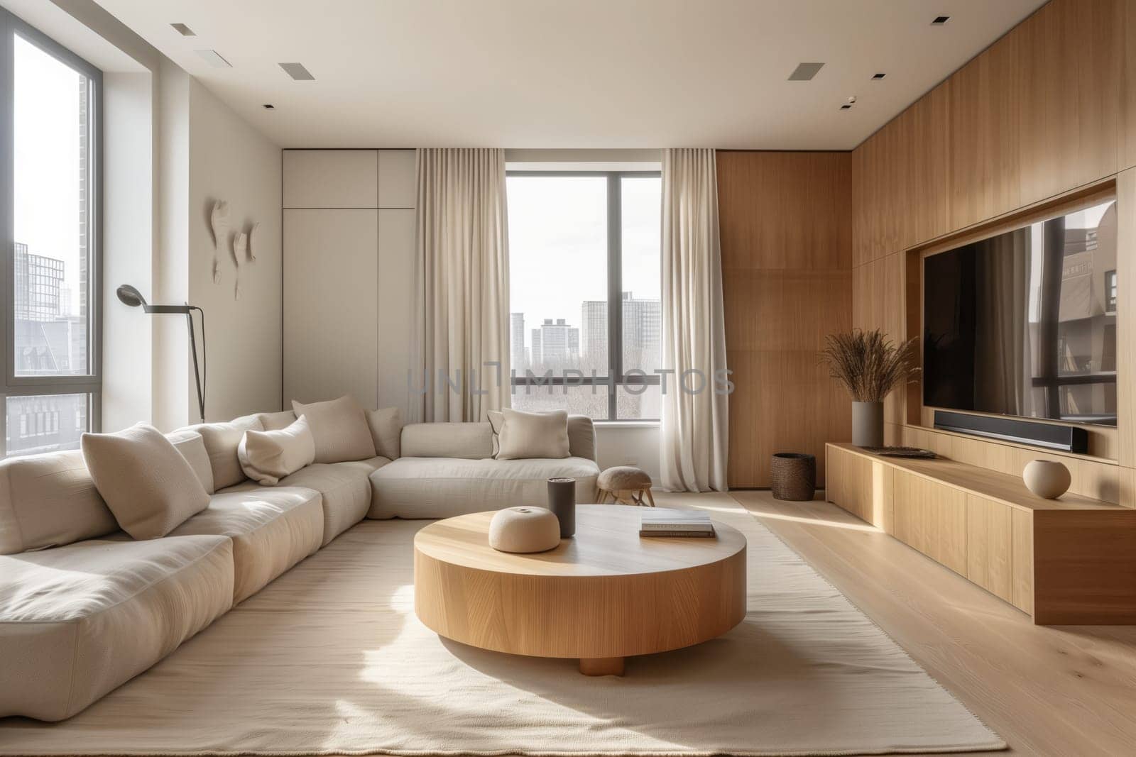 A cozy living room in a house with a couch, coffee table, and television. The interior design features wood flooring, a window for natural light, and a comfortable setting for relaxation