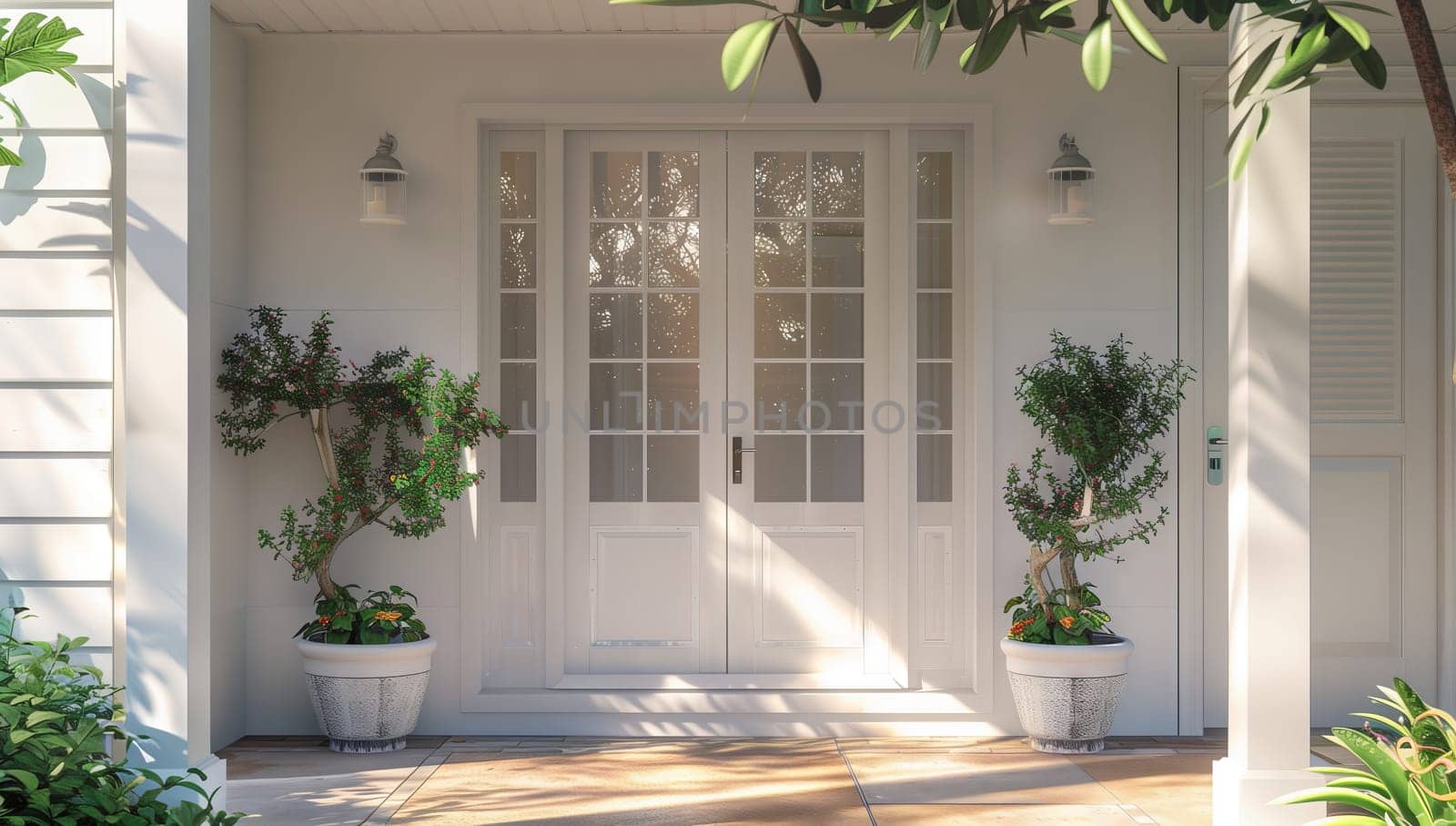 A white house with a wooden front door adorned with potted plants on the porch, creating a welcoming entrance