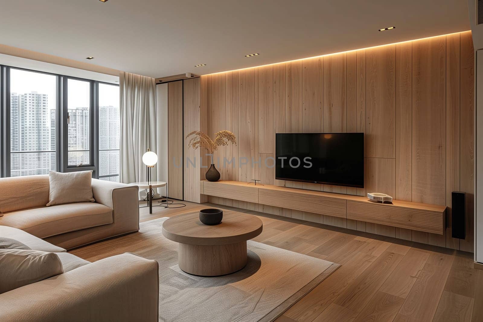A cozy living room in a house, featuring a comfortable couch, wooden table, and television. The hardwood flooring and large window make it a perfect space for entertaining