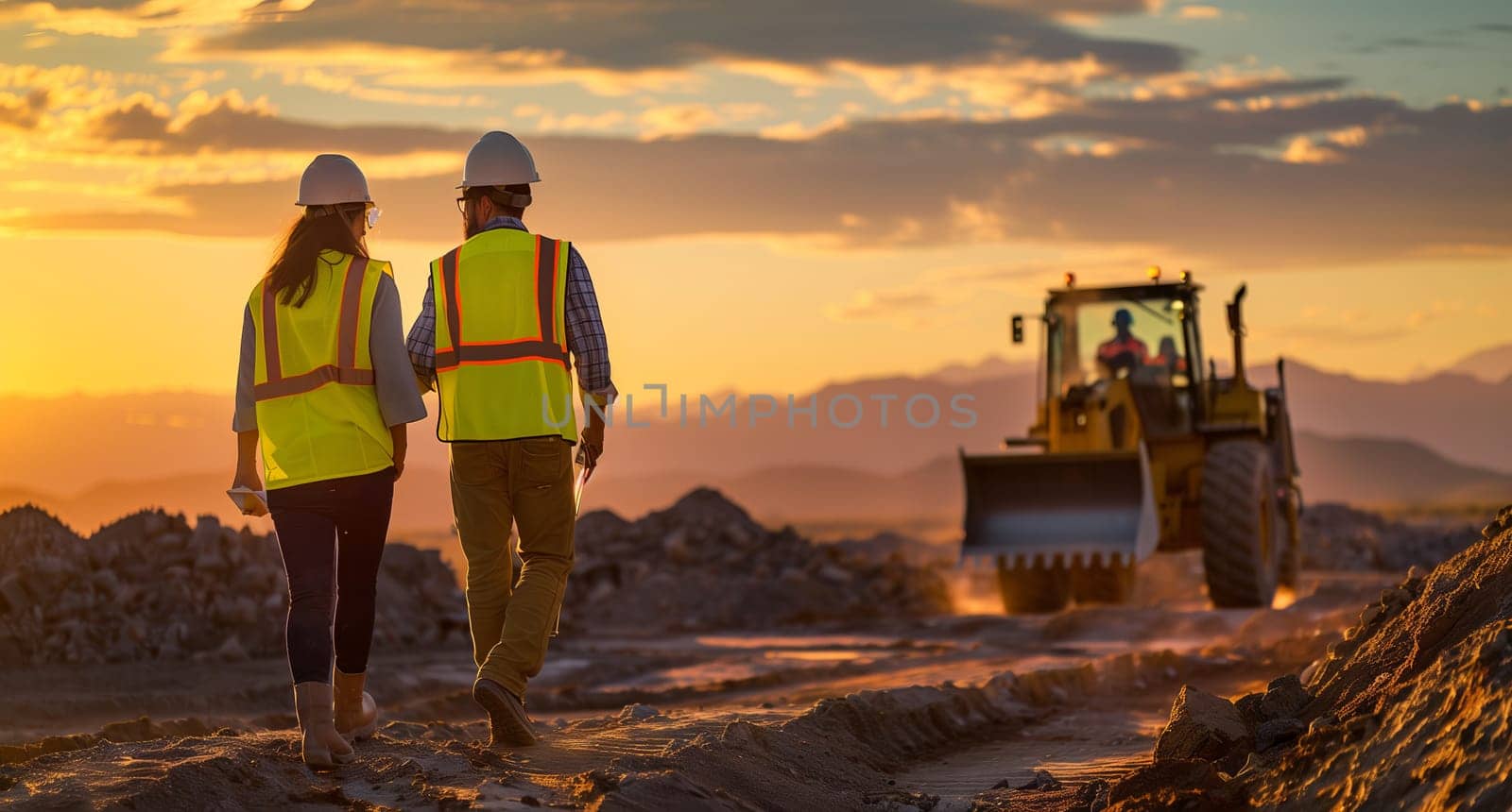 A man and a woman are walking in a construction site with a bulldozer in the background, wearing highvisibility clothing and helmets. The sky is cloudy and the landscape is dominated by asphalt