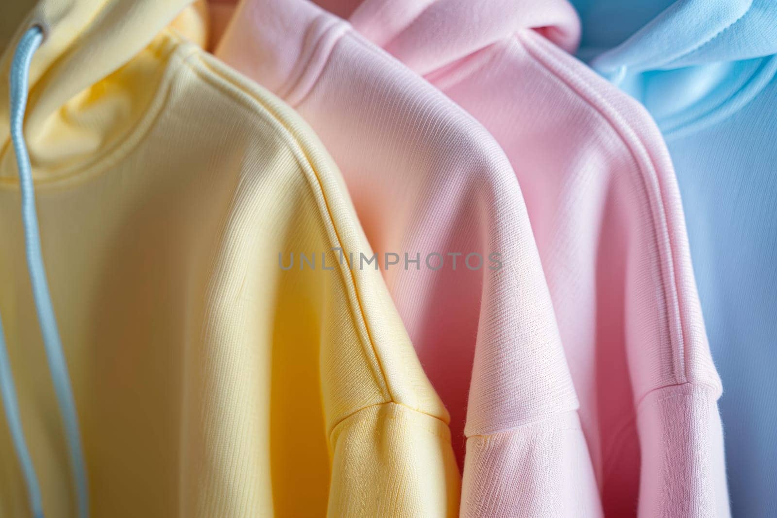 Three hoodies of different colors electric blue, peach, and satin hang on a rack, showcasing unique fashion design and style choices