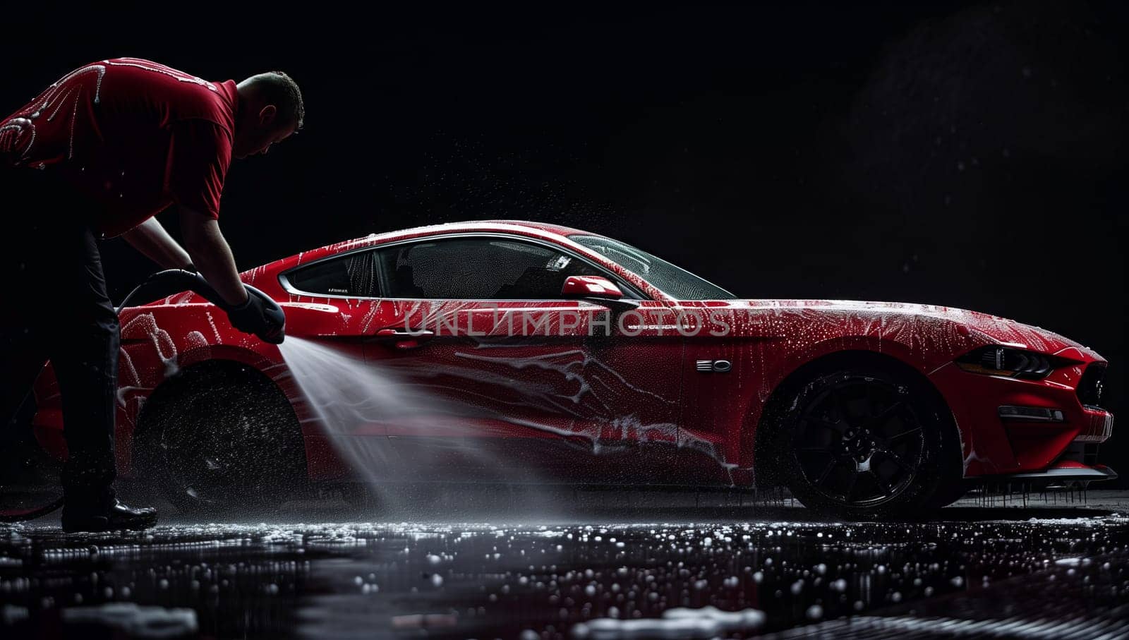 A man is using a hose to wash a red Mustang, a sleek vehicle with shiny automotive design. Water is dripping off the hood as he cleans the cars exterior