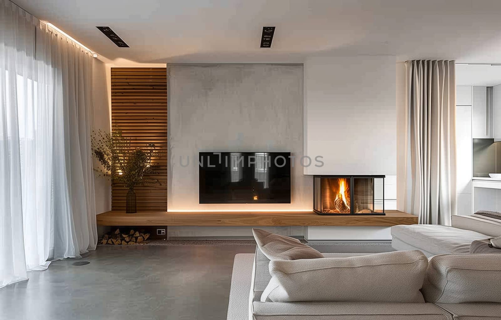 A cozy living room in a building with hardwood flooring, a fireplace, couch, and television. The interior design features a ceiling fixture and curtains