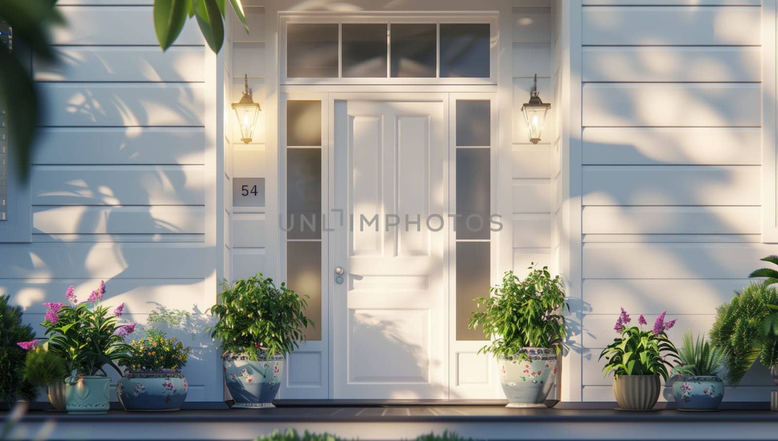 A white house with potted plants by the front door, set against green grass. The wooden door and window frames add a charming touch to the building