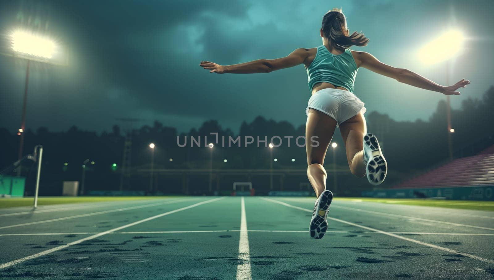 A player in a sports uniform is jumping in the air on a track, with shorts and thigh visible. The grass is green, sky is cloudy, water nearby. A fun competition event