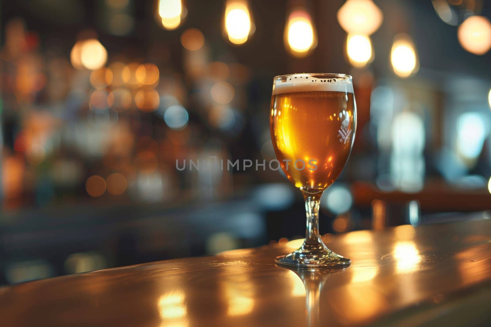 A glass of amber liquid is placed on a bar counter, surrounded by other drinkware and barware. The stemware resembles a wine glass, holding a refreshing fluid in a drinking establishment